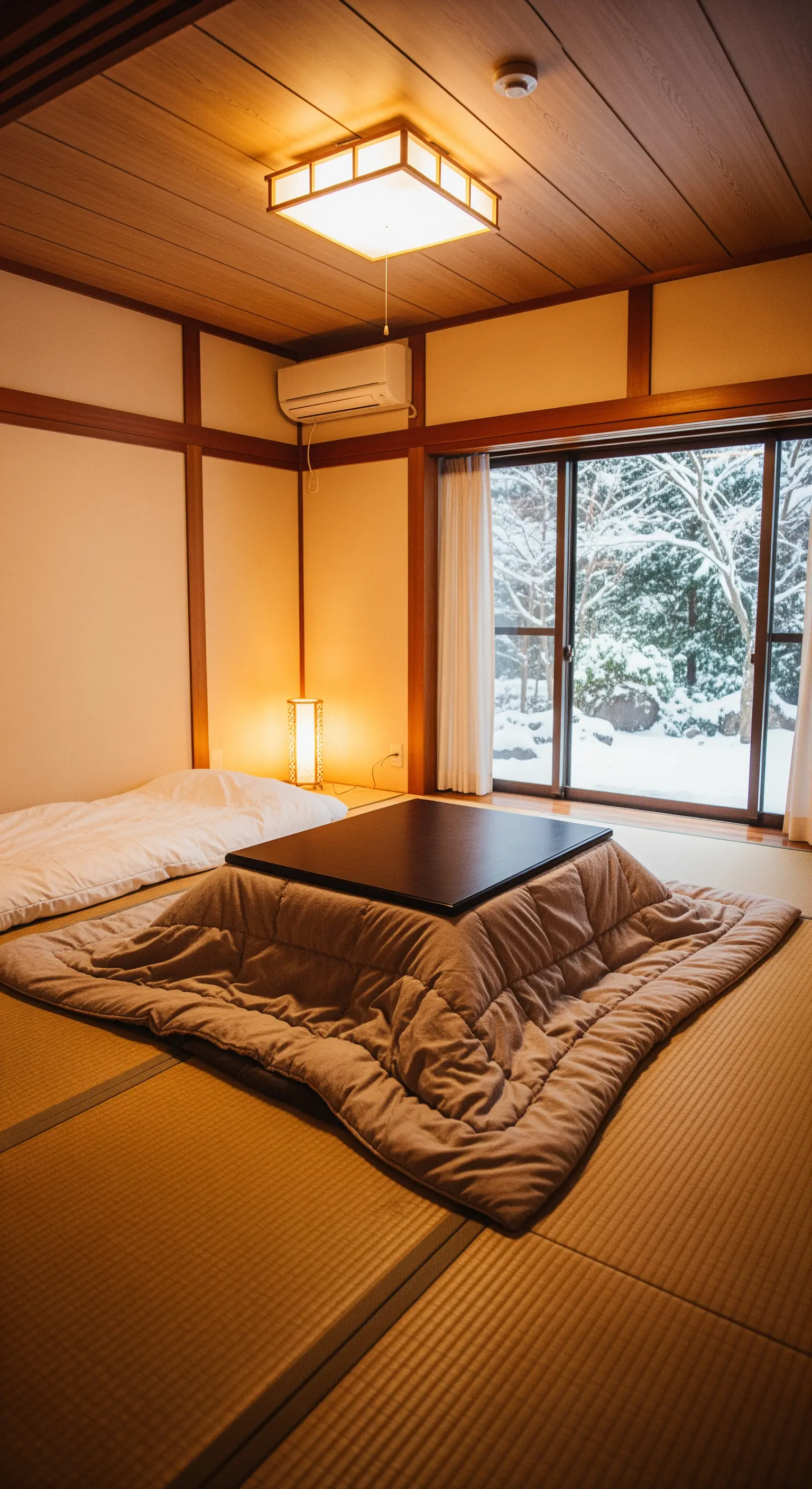 Stanza con tatami, un futon e un kotatsu con coperta marrone, con vista su un paesaggio innevato.