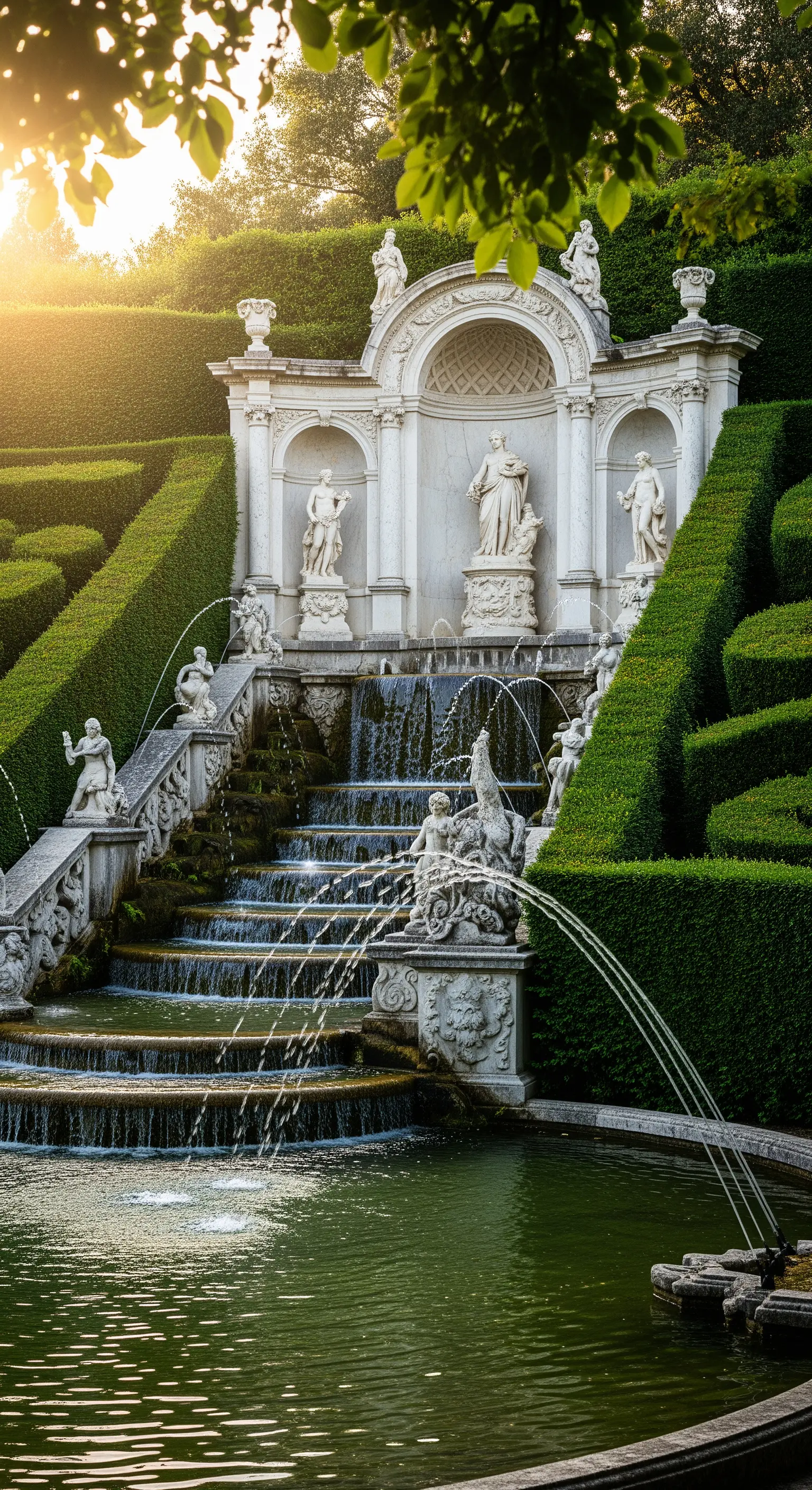 Grande fontana monumentale a cascata, in marmo bianco, incastonata tra scalinate e siepi scolpite