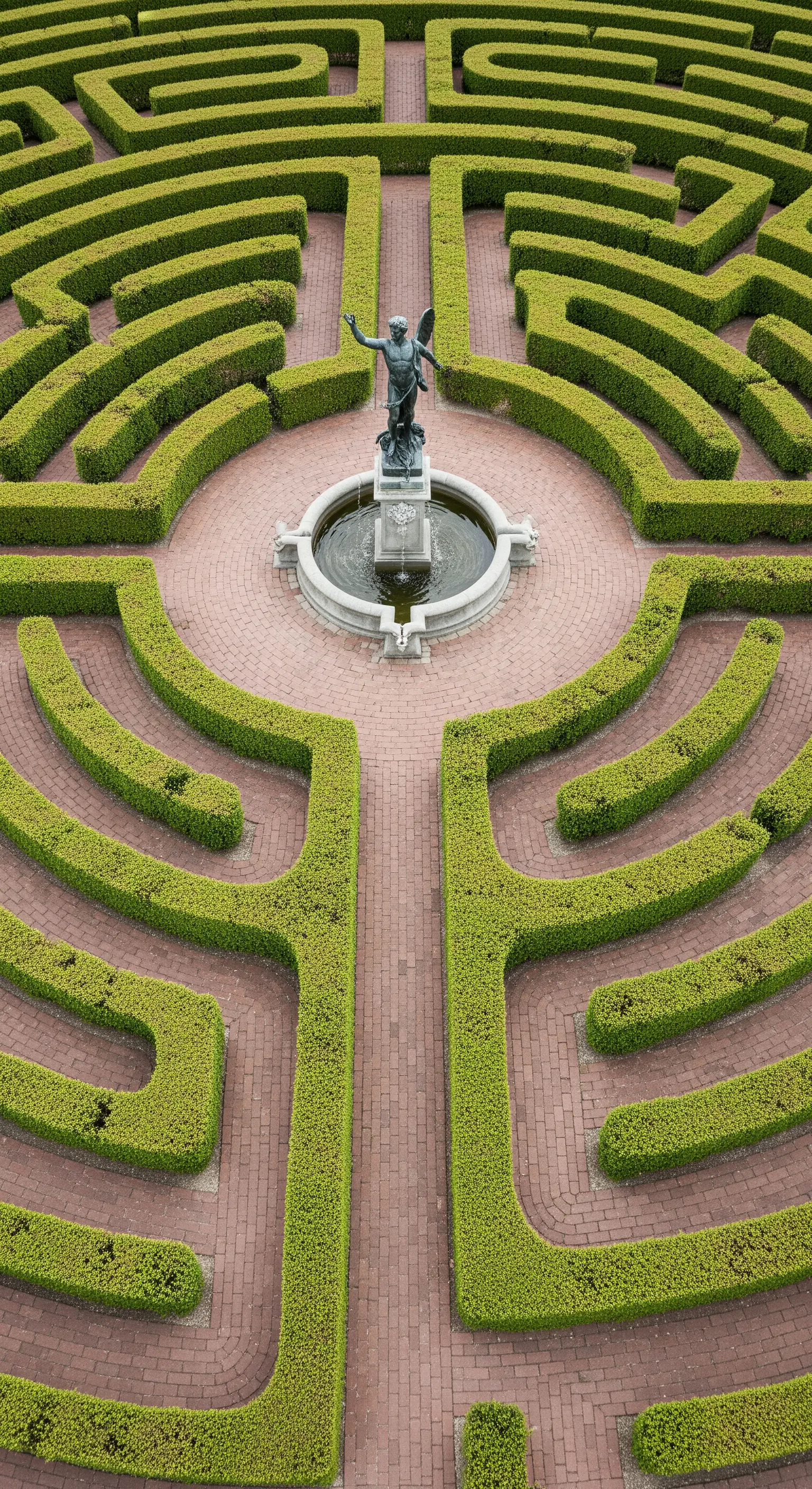 Vista aerea di un labirinto circolare fatto di siepi, con una statua alata su una fontana centrale