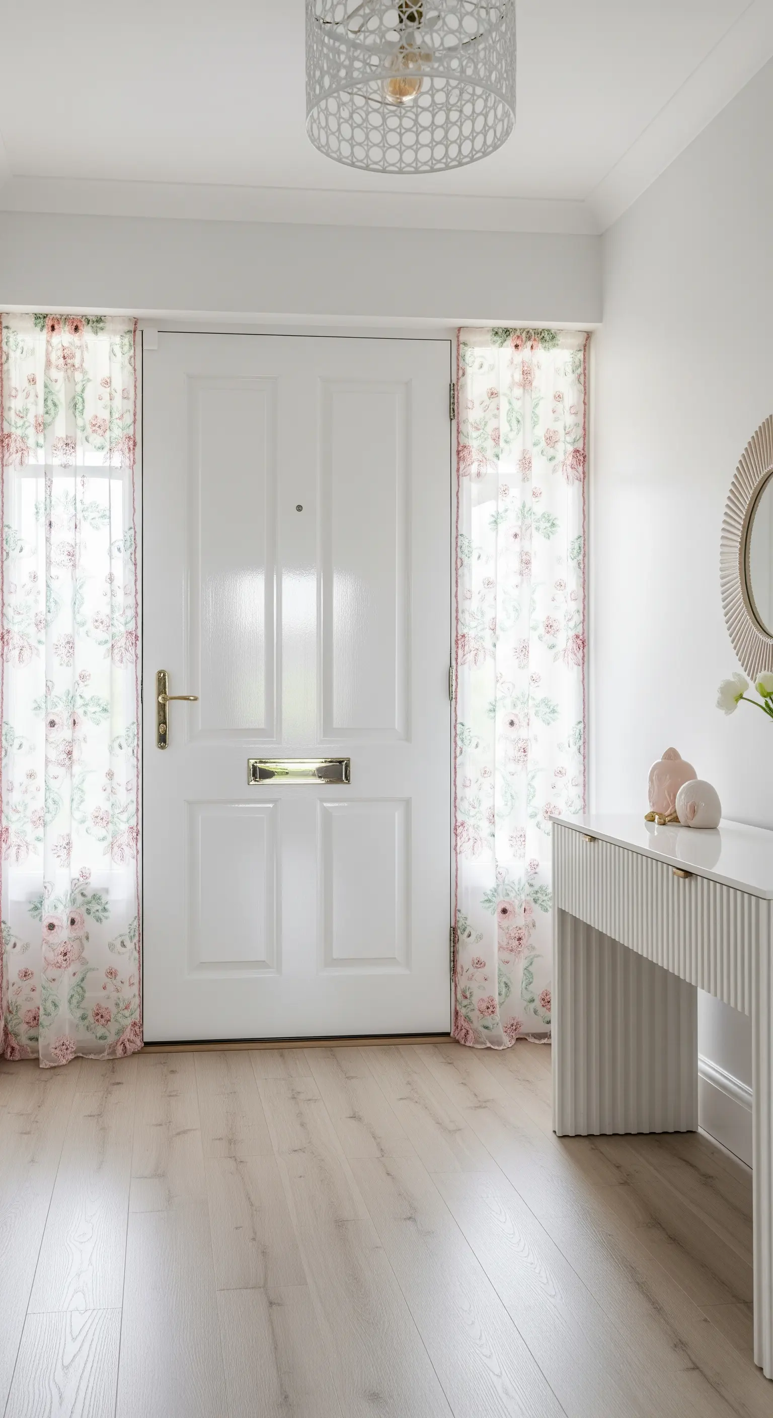 Ingresso luminoso con porta bianca, tende trasparenti a stampa floreale e consolle bianca.