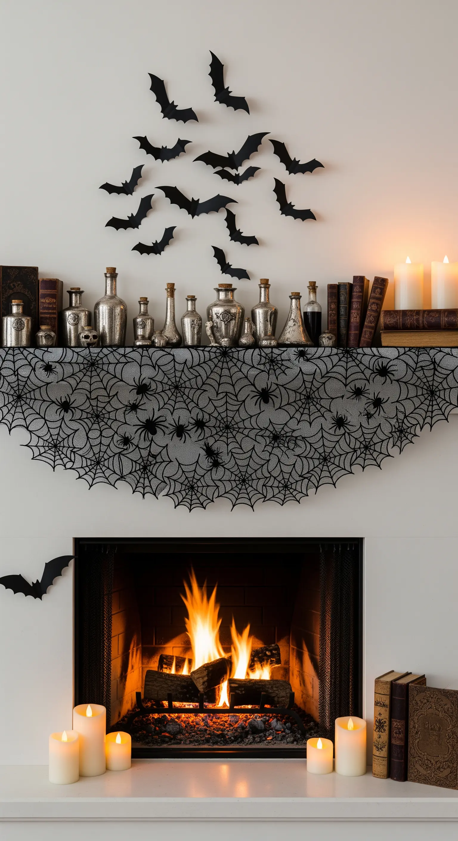 Mensola del camino decorata con pipistrelli di carta, bottiglie antiche e un runner a ragnatela.