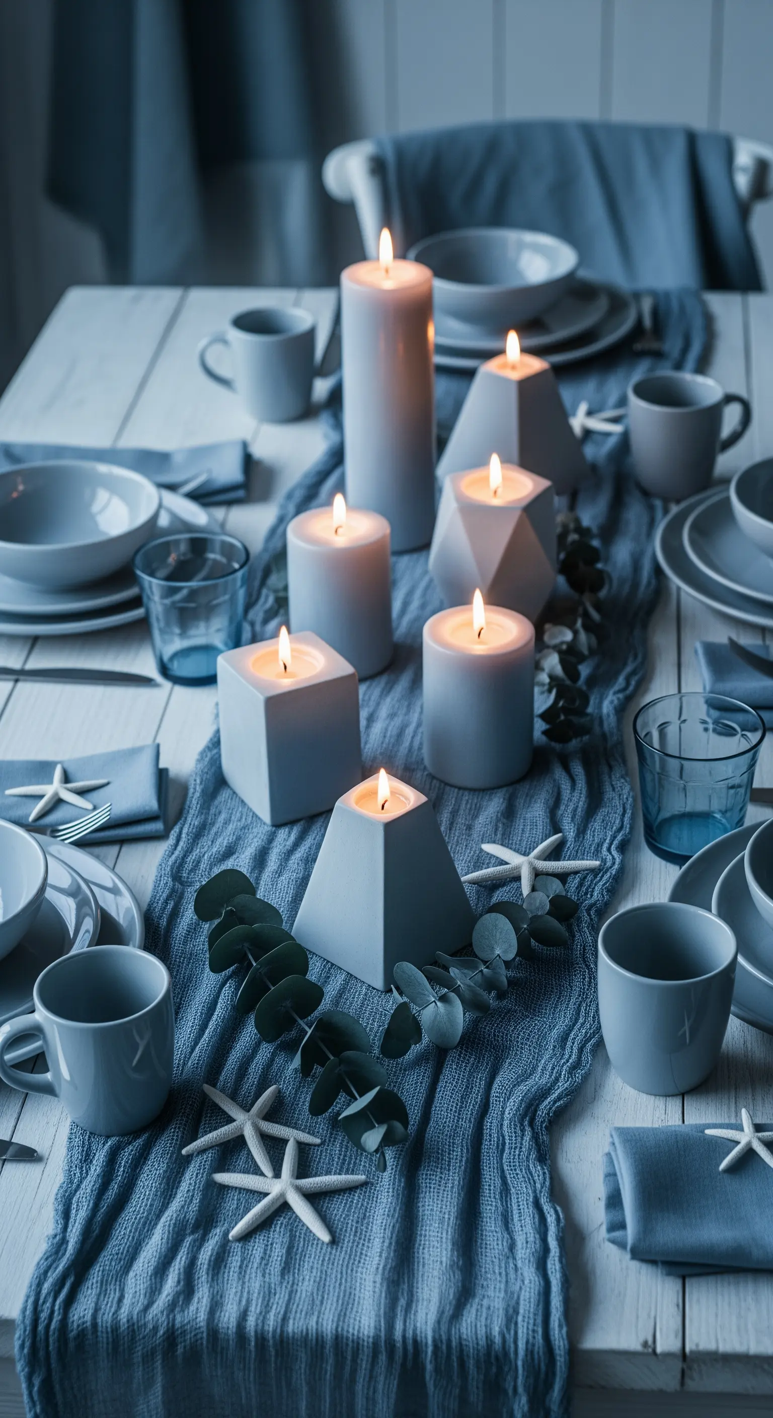 Tavola natalizia a tema marino con runner blu, stelle marine e candele geometriche.