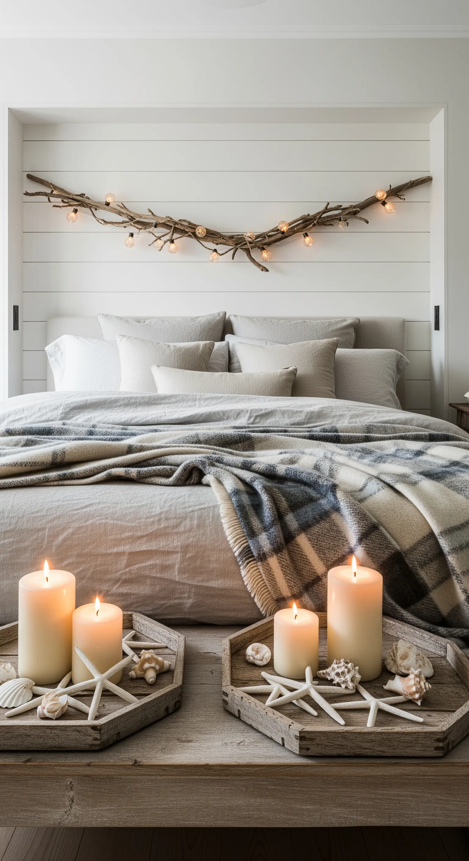 Camera da letto in stile costiero con un ramo illuminato appeso sopra al letto e candele su vassoi.