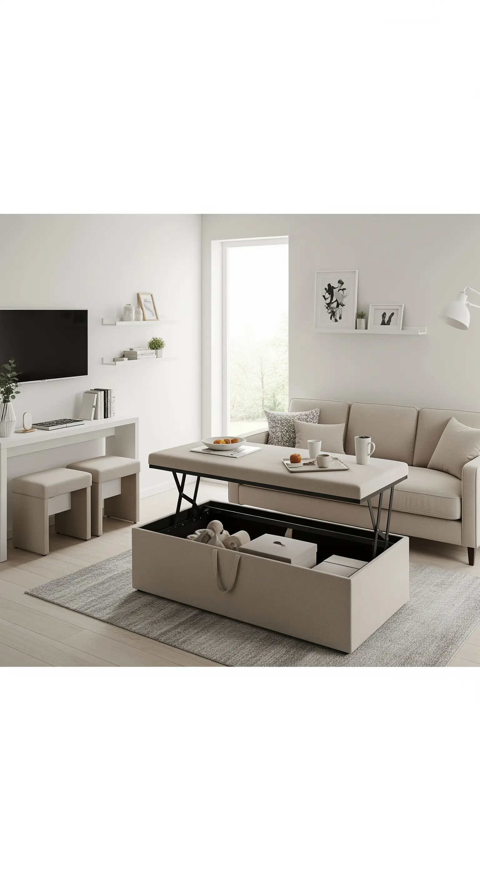 Tavolino da salotto con piano sollevabile che rivela un ampio vano contenitore interno