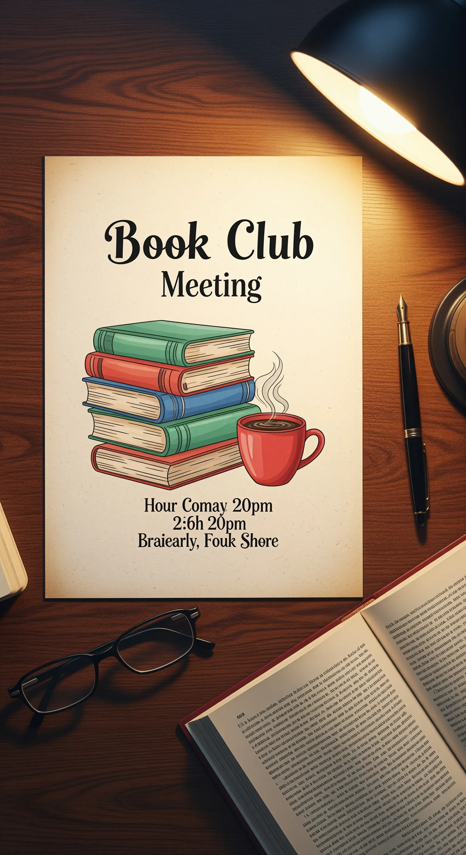 Invito per un club del libro con l'illustrazione di una pila di libri e una tazza di caffè.