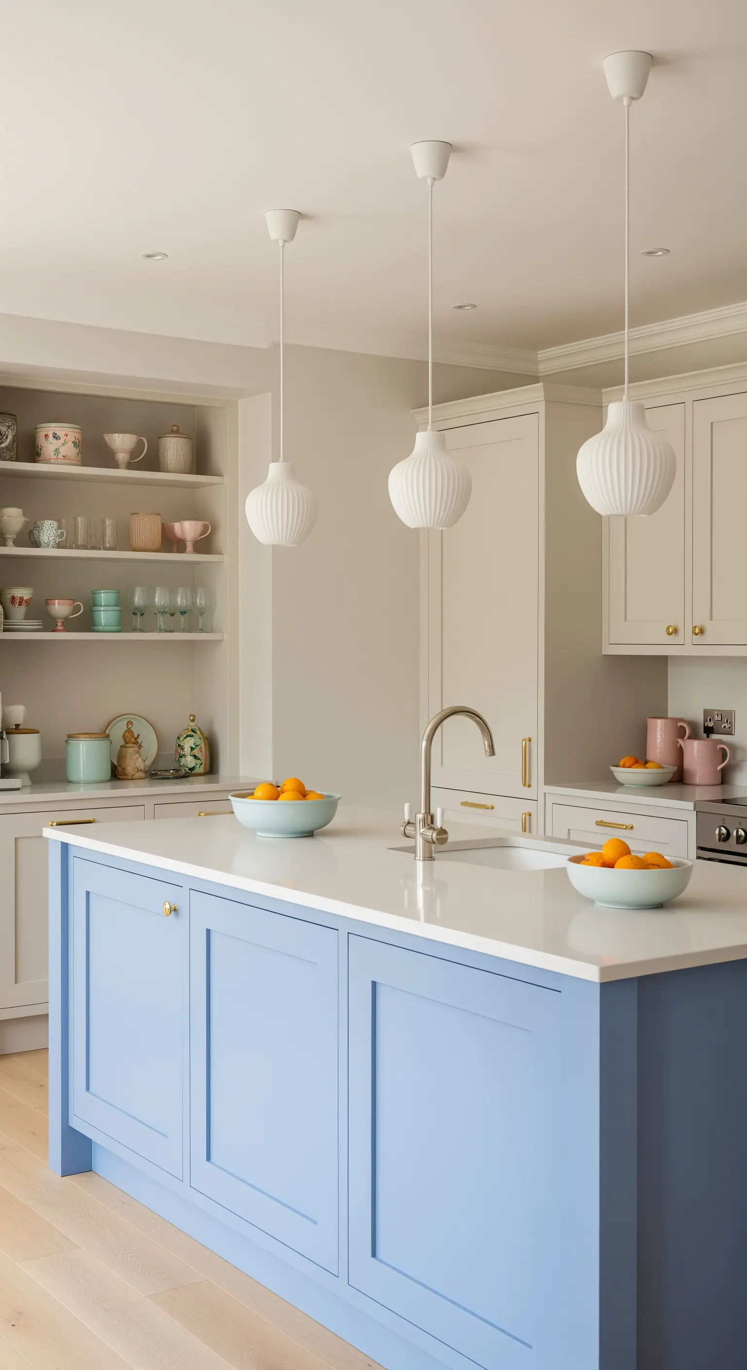 Cucina con isola azzurro cielo, mobili bianchi e lampade a sospensione.