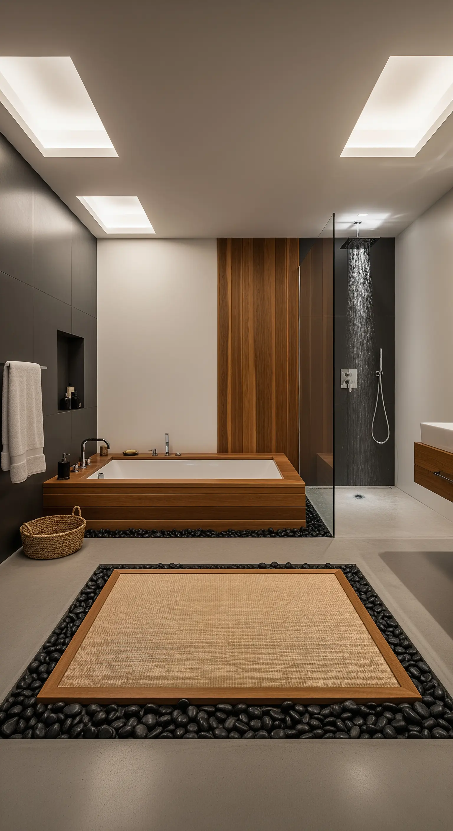 Bagno moderno con vasca e tappeto tatami posati su aree di ciottoli neri levigati.
