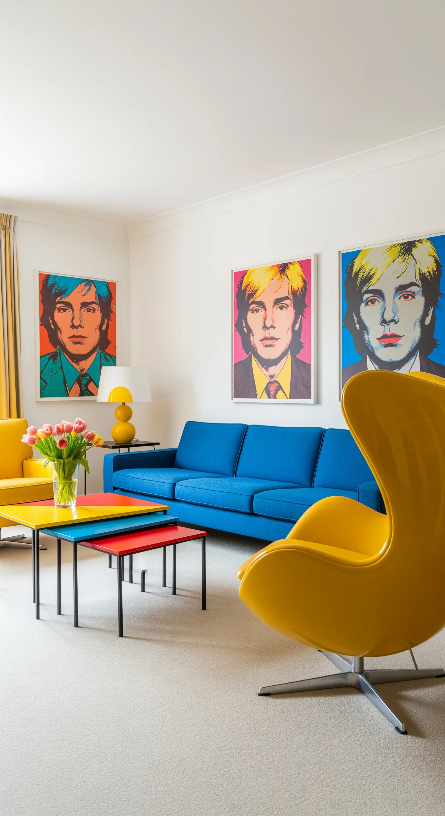 Salotto in stile Pop Art con divano blu, Egg Chair gialla e stampe di Andy Warhol.