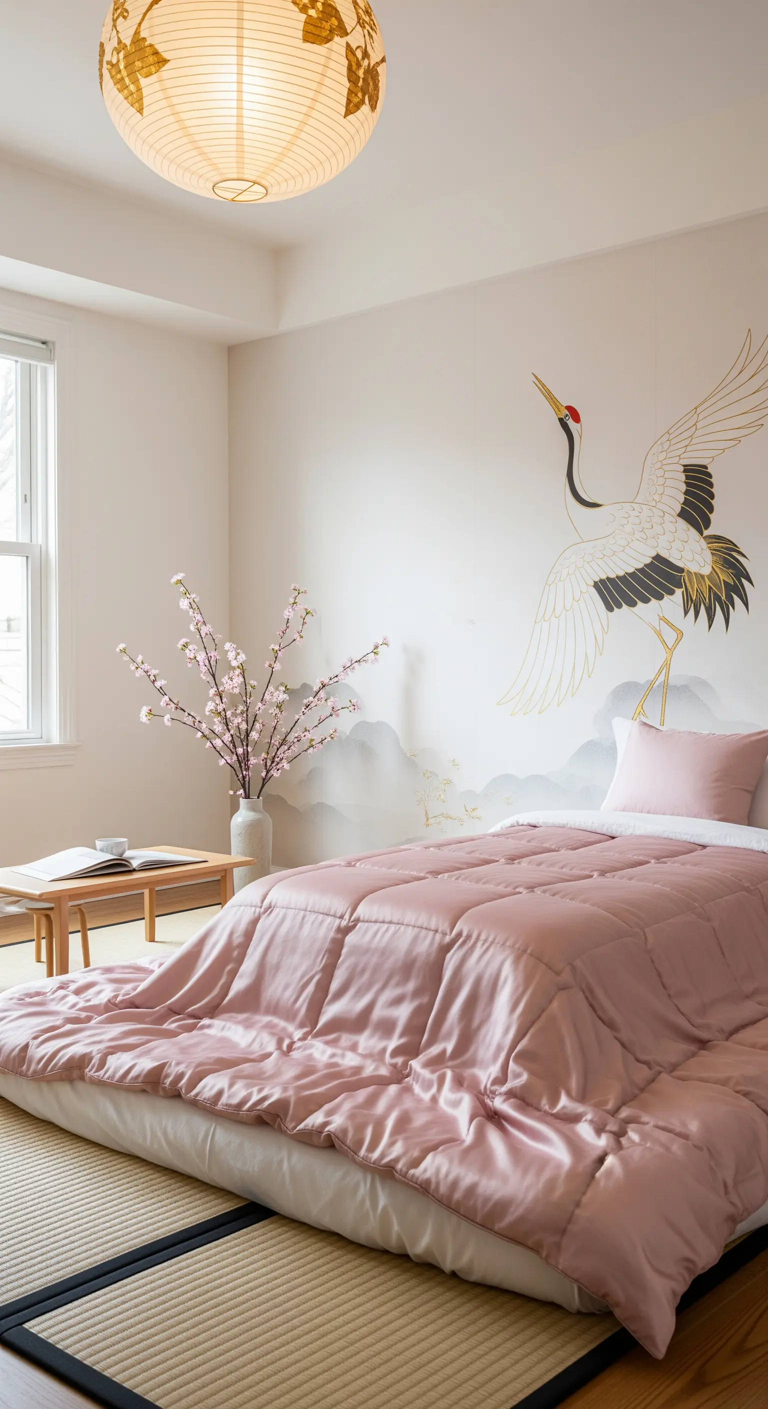 Camera in stile giapponese con letto basso, piumone rosa e una gru dipinta sulla parete.