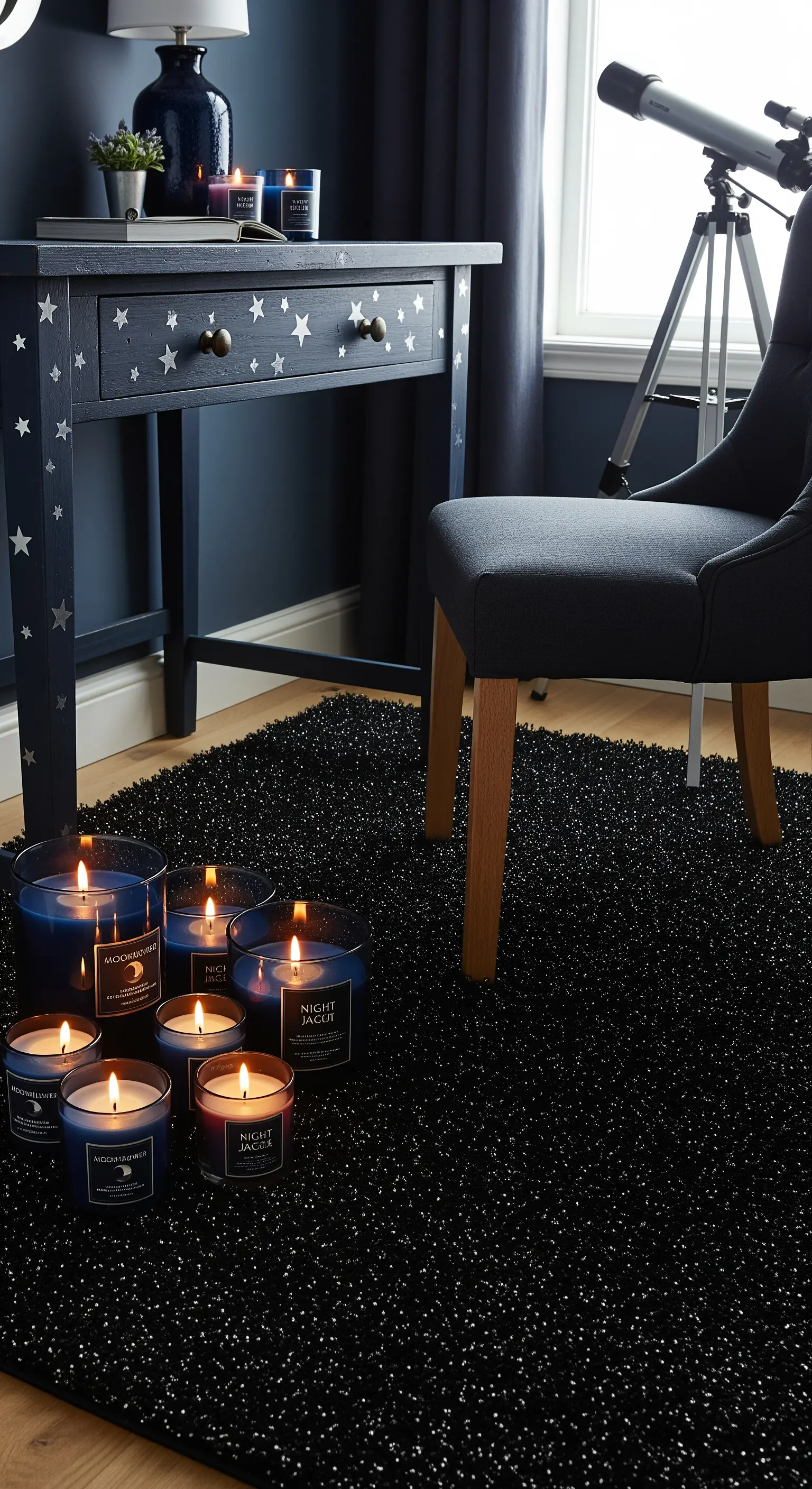 Studio a tema notturno con scrivania blu decorata con stelle e un tappeto nero scintillante.