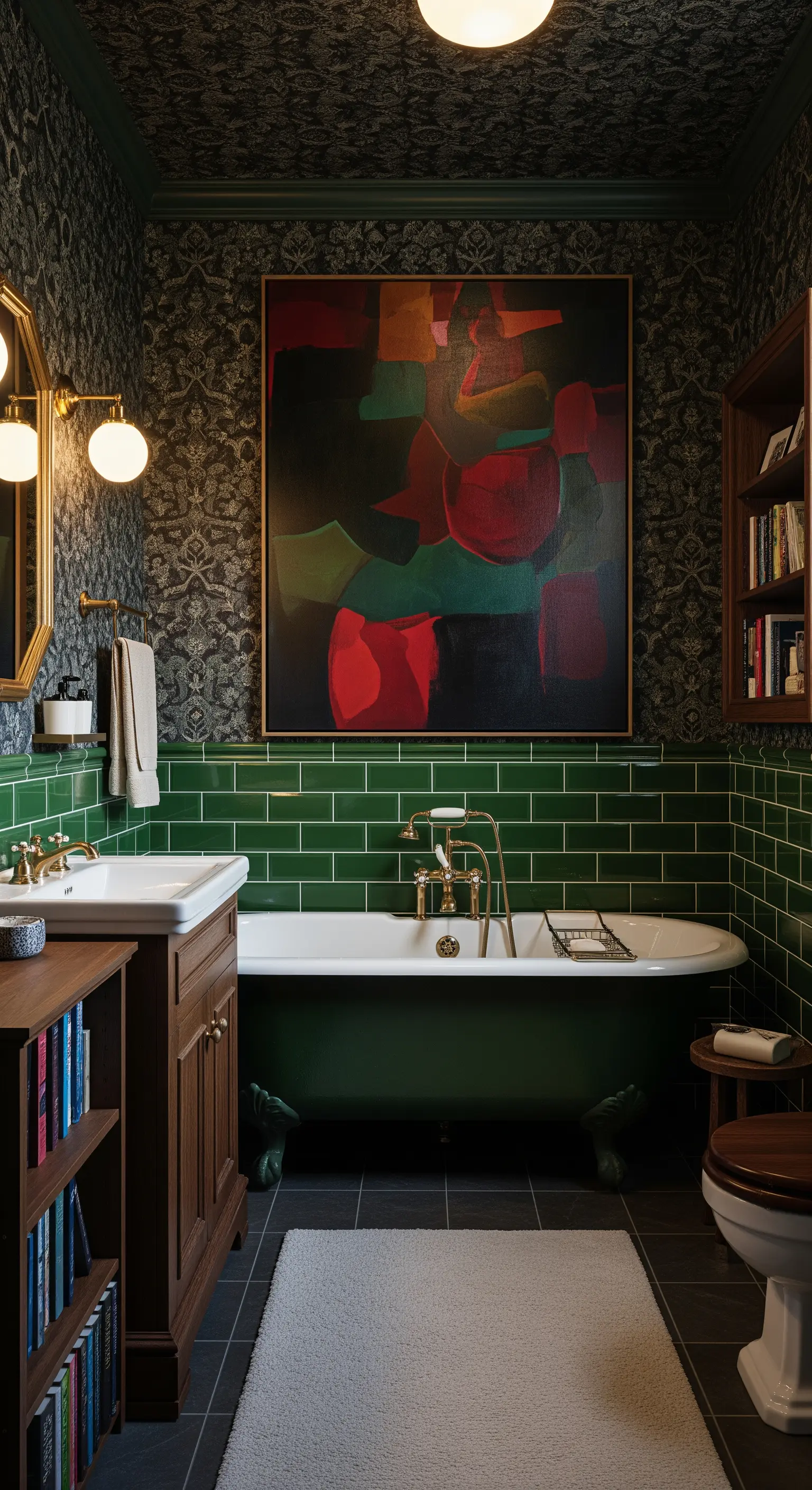 Bagno scuro e accogliente con carta da parati, piastrelle verdi e mobili in legno.