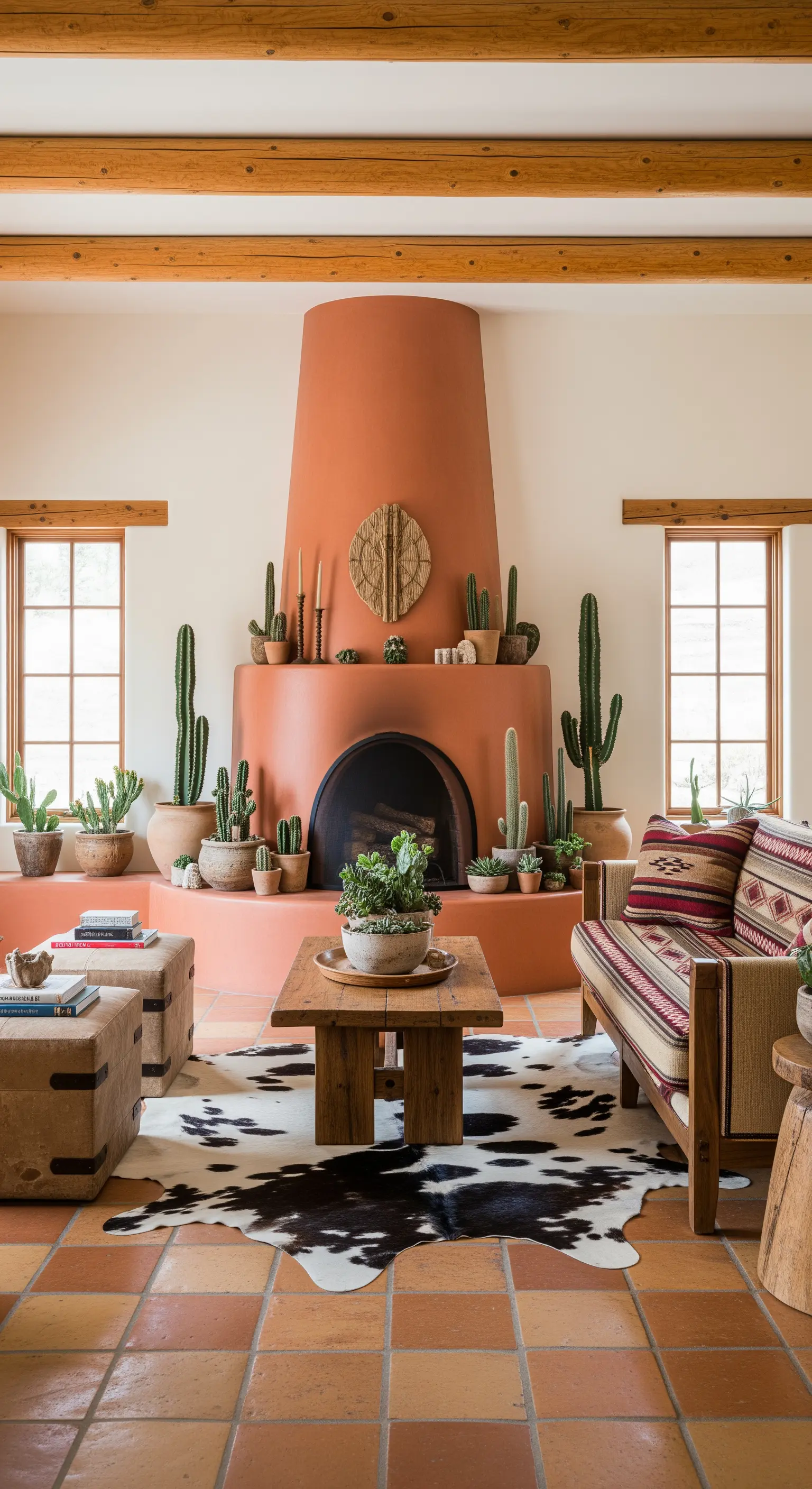 Soggiorno in stile Southwestern con un camino kiva color terracotta e una collezione di cactus
