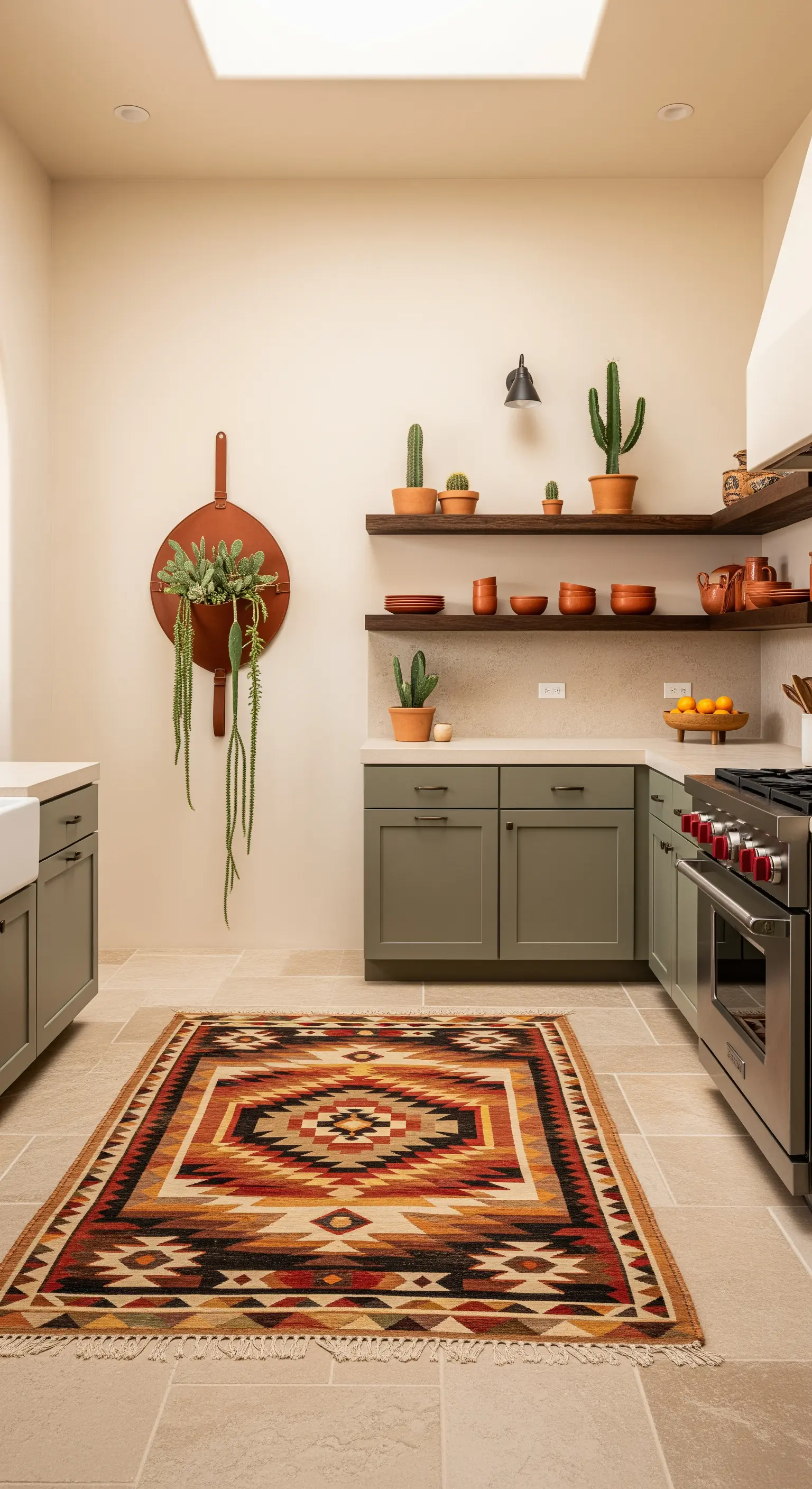 Cucina in stile desert-chic con mobili verde salvia, cactus in vaso e un tappeto geometrico.