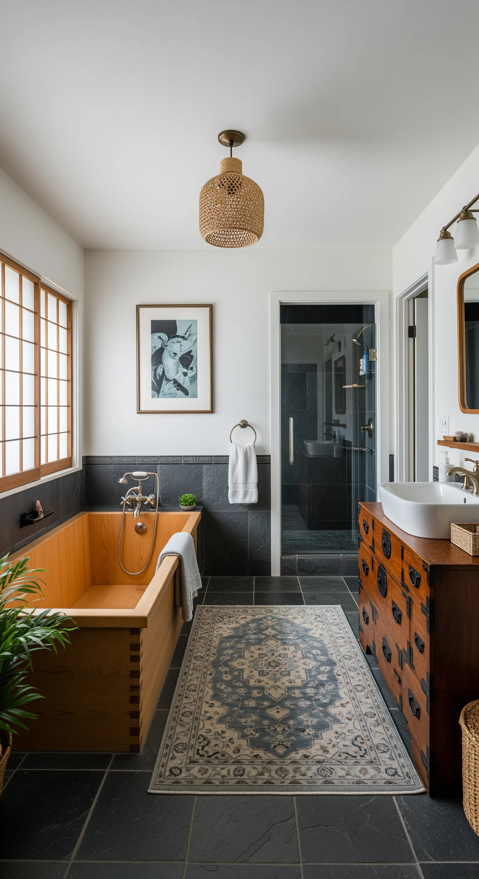 Bagno di ispirazione giapponese con vasca ofuro in legno e mobile tansu.