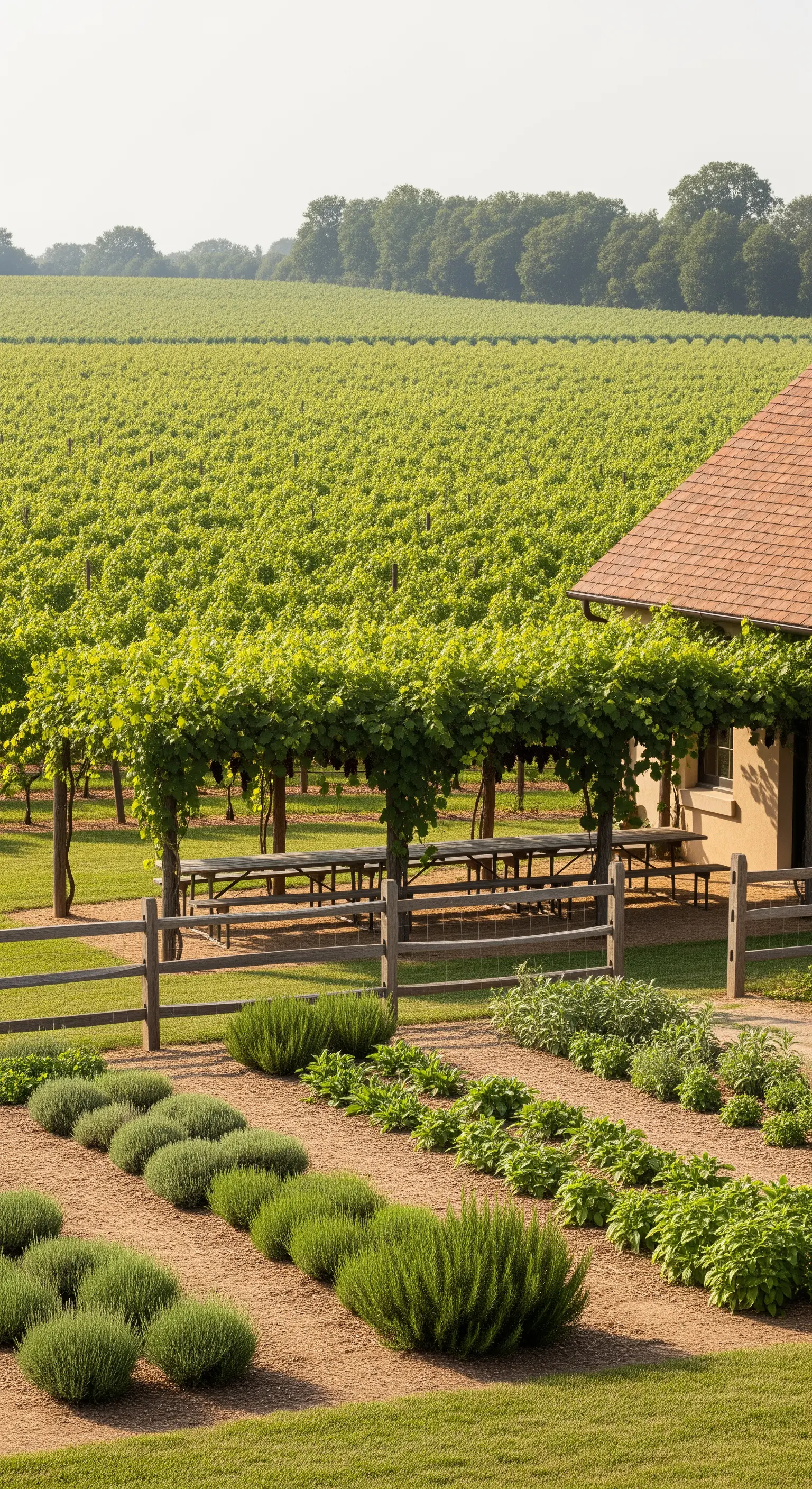 Orto aromatico con filari ordinati che richiamano il vigneto sullo sfondo.