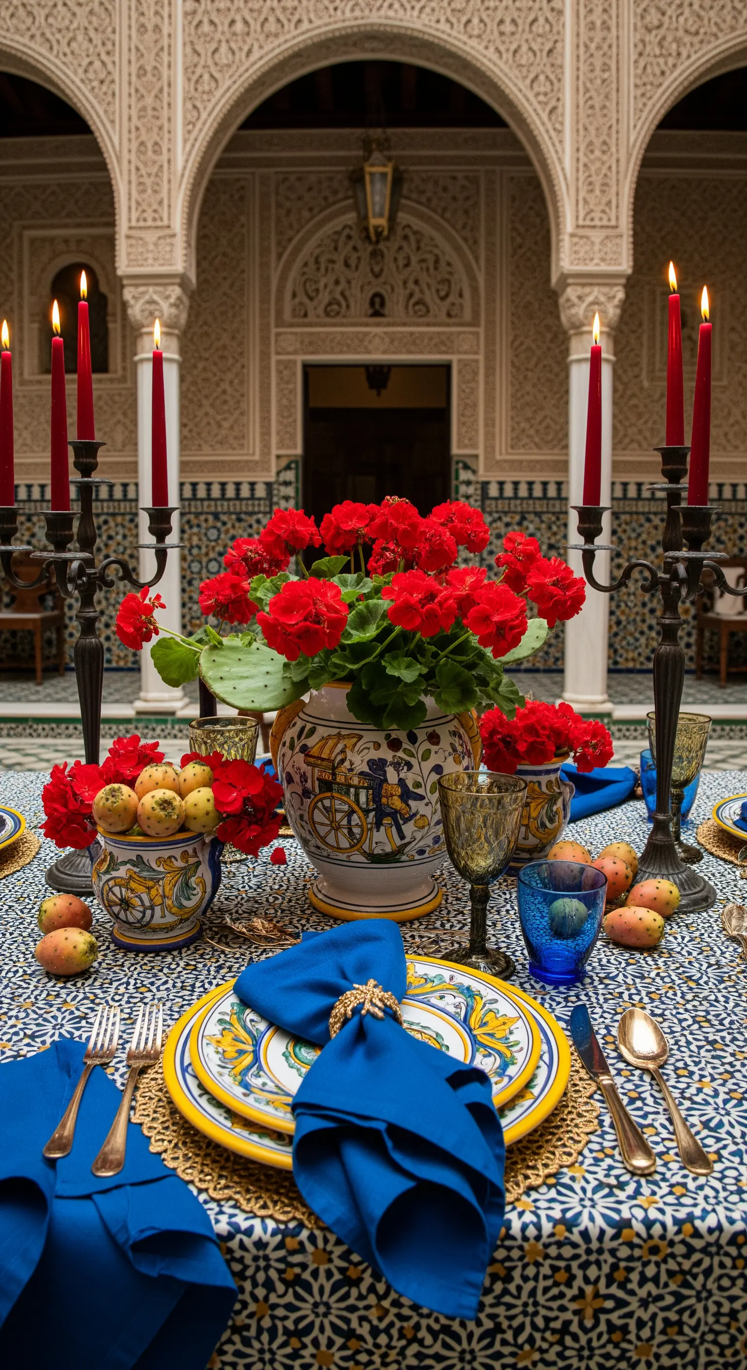 Tavola in stile andaluso con piatti decorati, tovaglioli blu e gerani rossi.