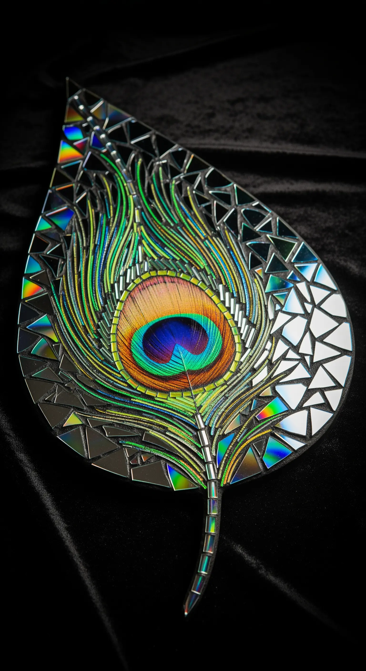 Decorazione a forma di piuma di pavone realizzata con pittura e mosaico di CD su fondo nero.