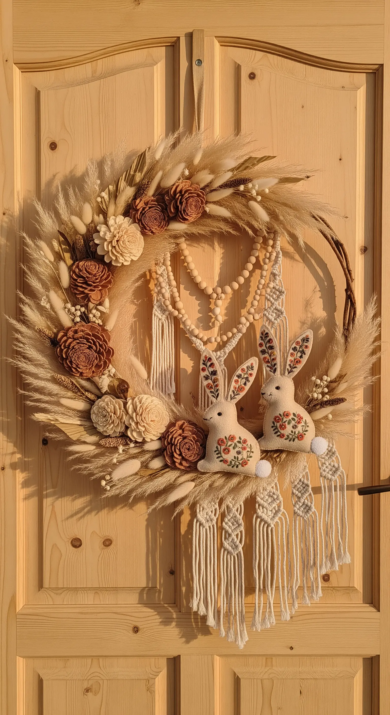 Ghirlanda in stile boho con pampas, fiori secchi, macramè e coniglietti ricamati.