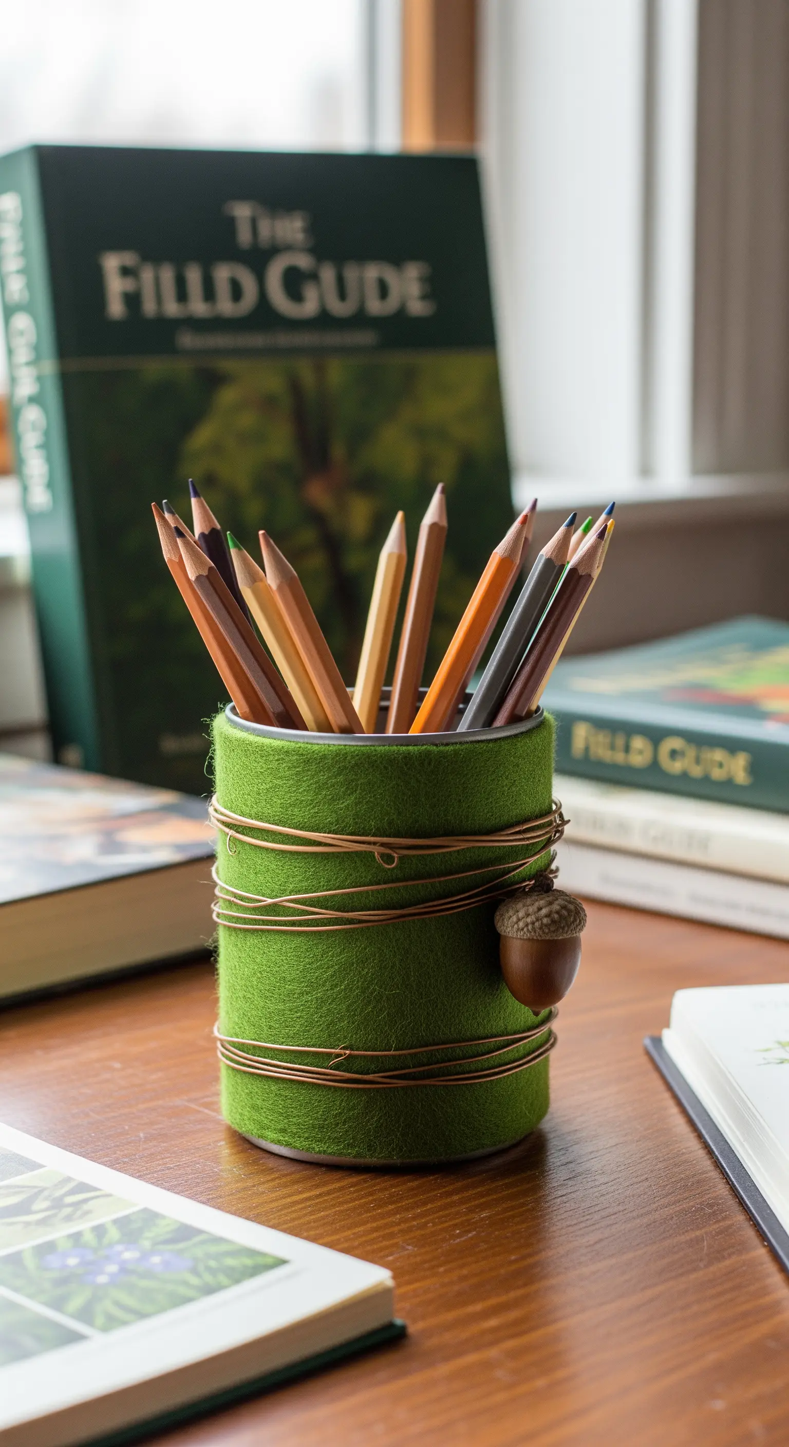 Portamatite verde avvolto in filo di rame, con una piccola ghianda decorativa.