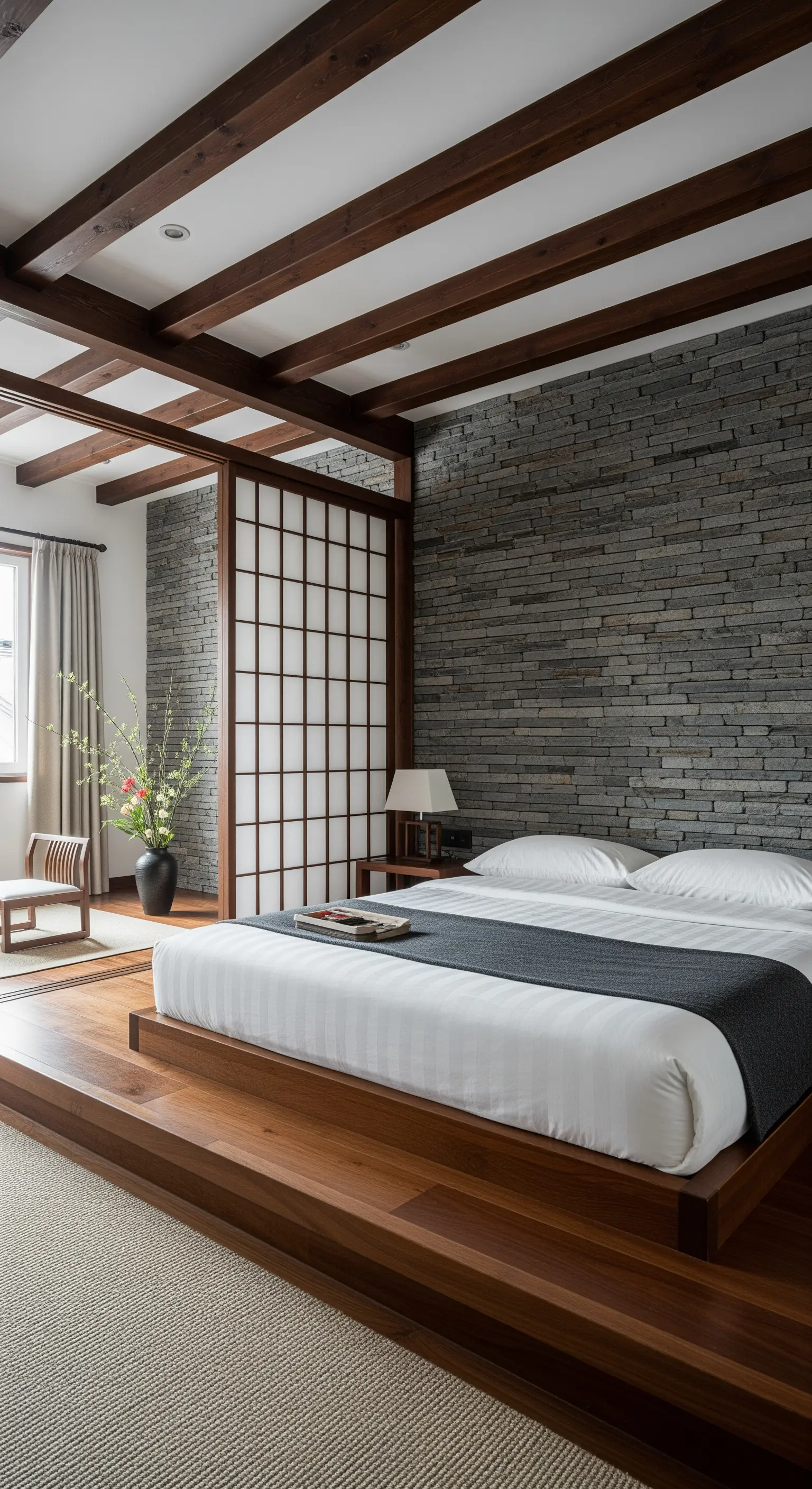 Camera da letto in stile giapponese con parete in pietra e pannelli shoji scorrevoli.