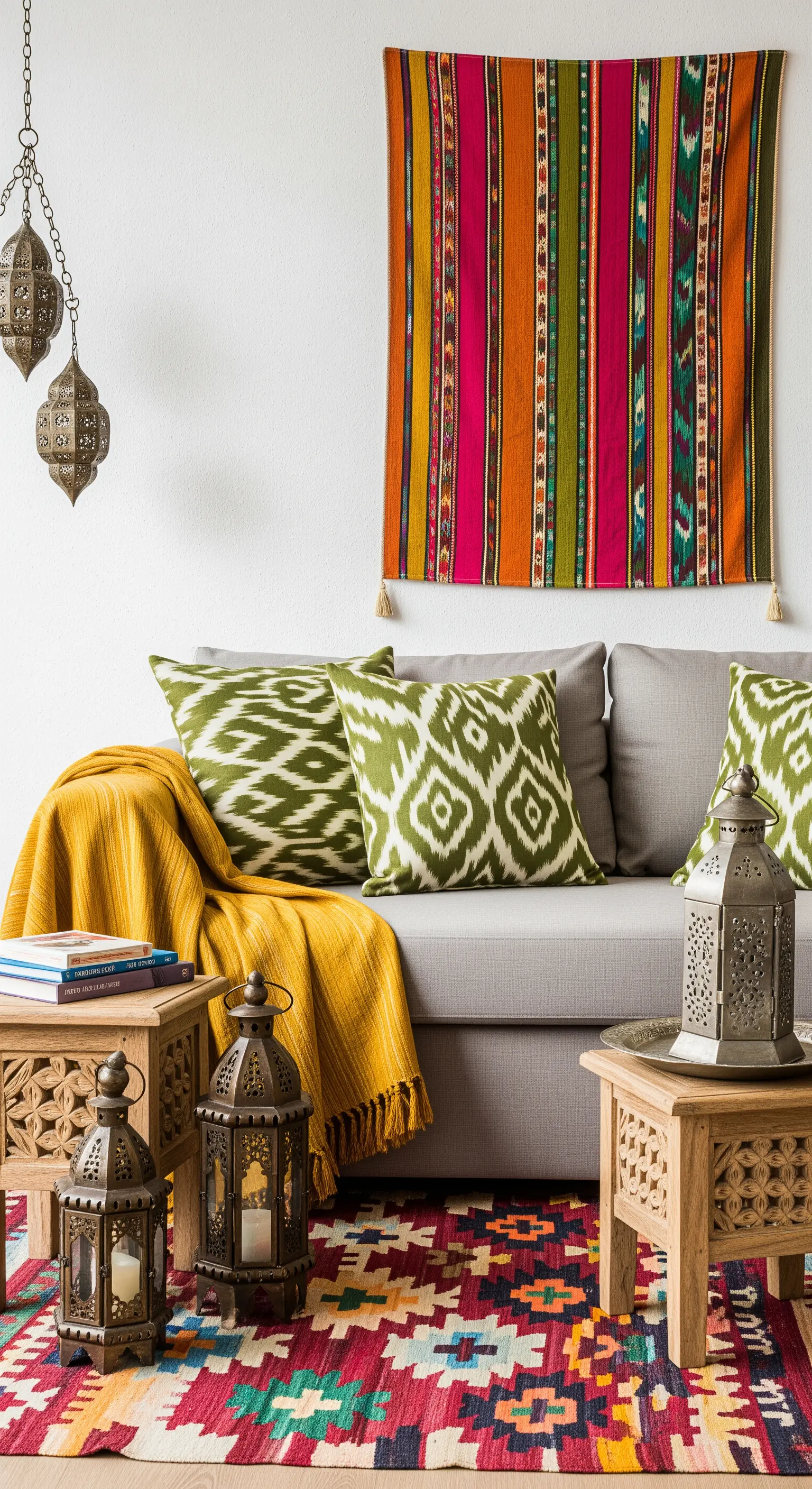 Soggiorno in stile marocchino con tappeto kilim, cuscini ikat e lanterne metalliche.
