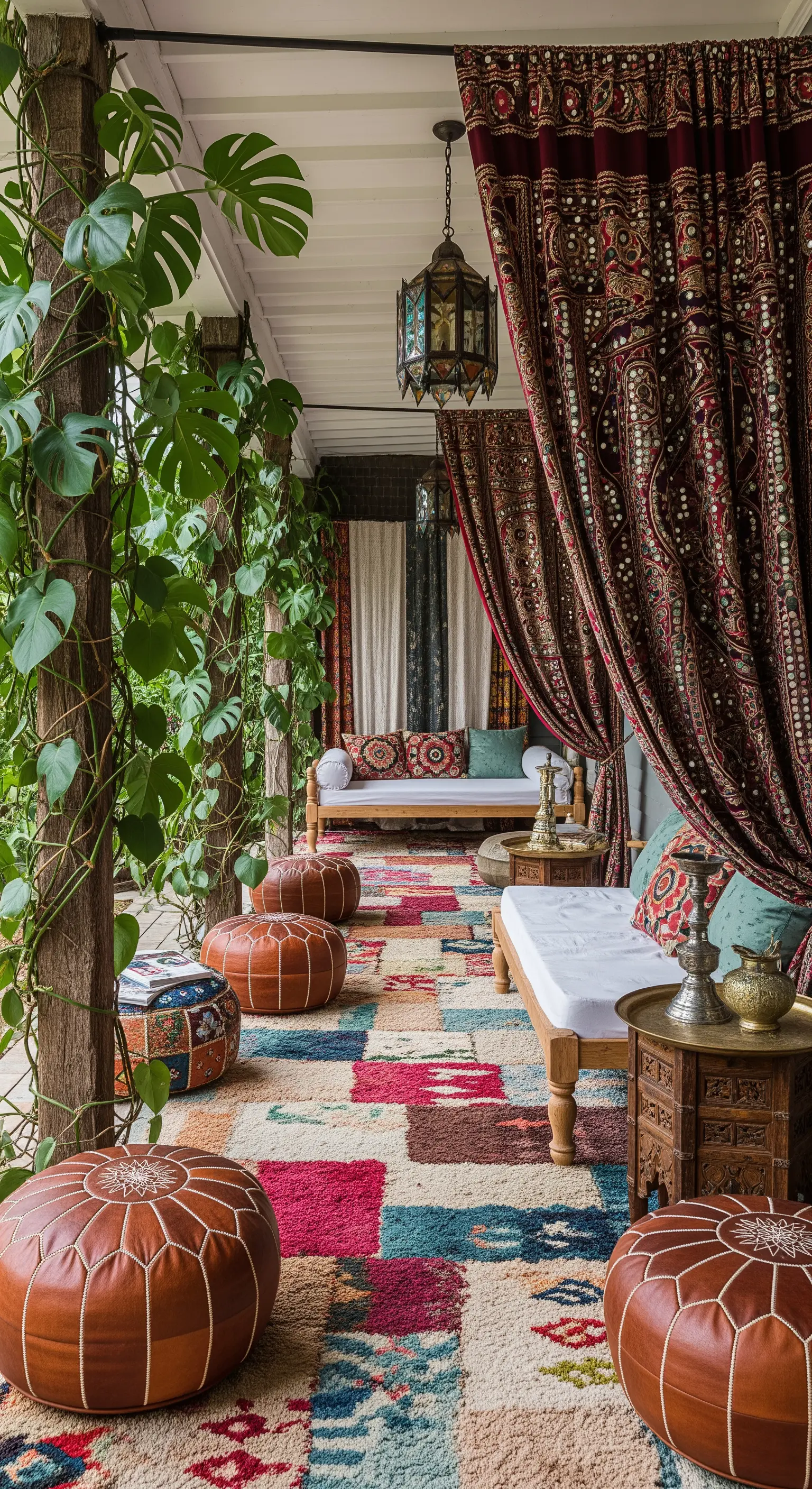 Portico in stile marocchino con tappeto colorato, pouf in pelle, daybed e tende pesanti.