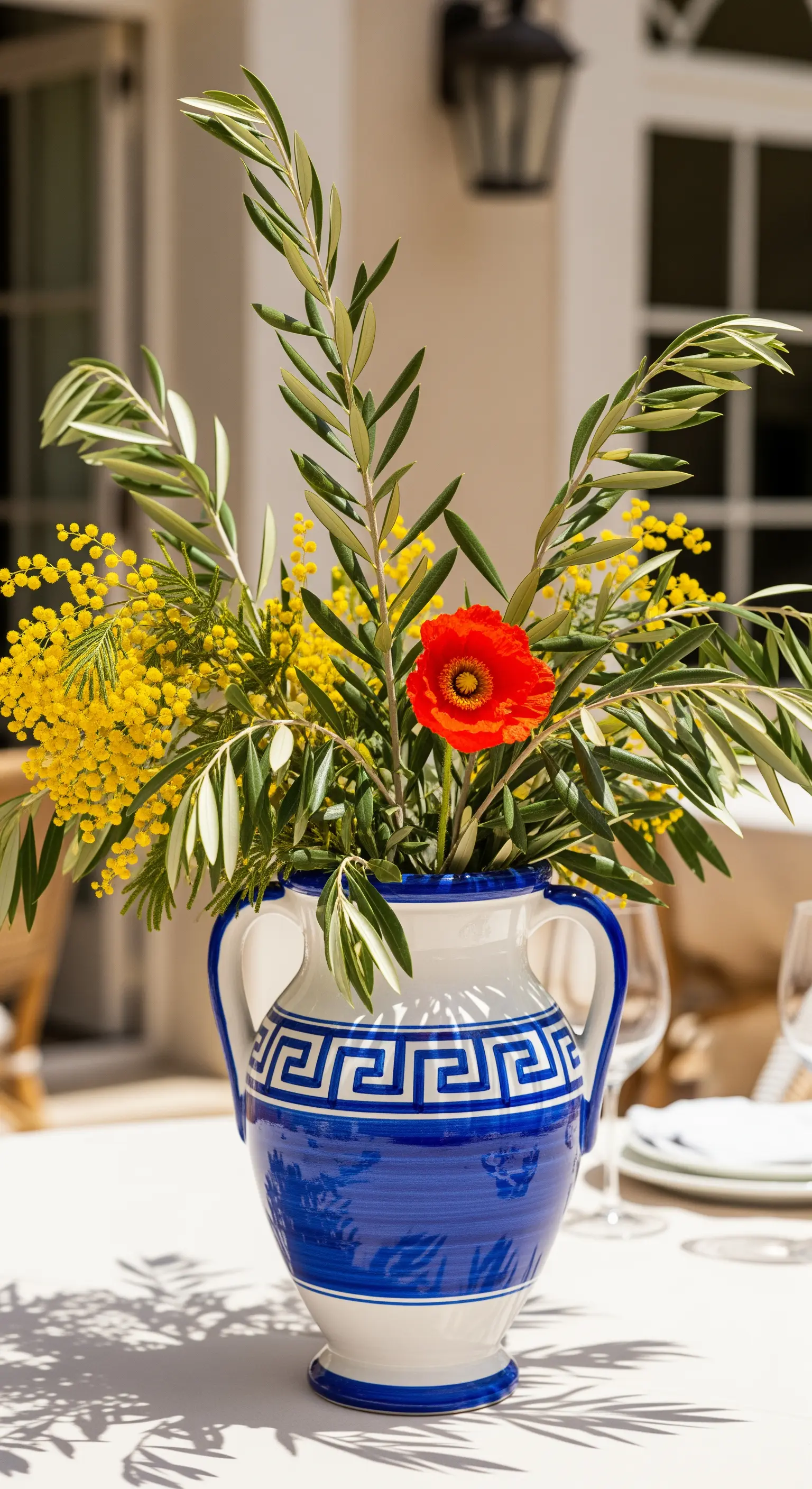 Vaso in ceramica bianca e blu con motivo a greca, con rami di ulivo, mimosa e un papavero.