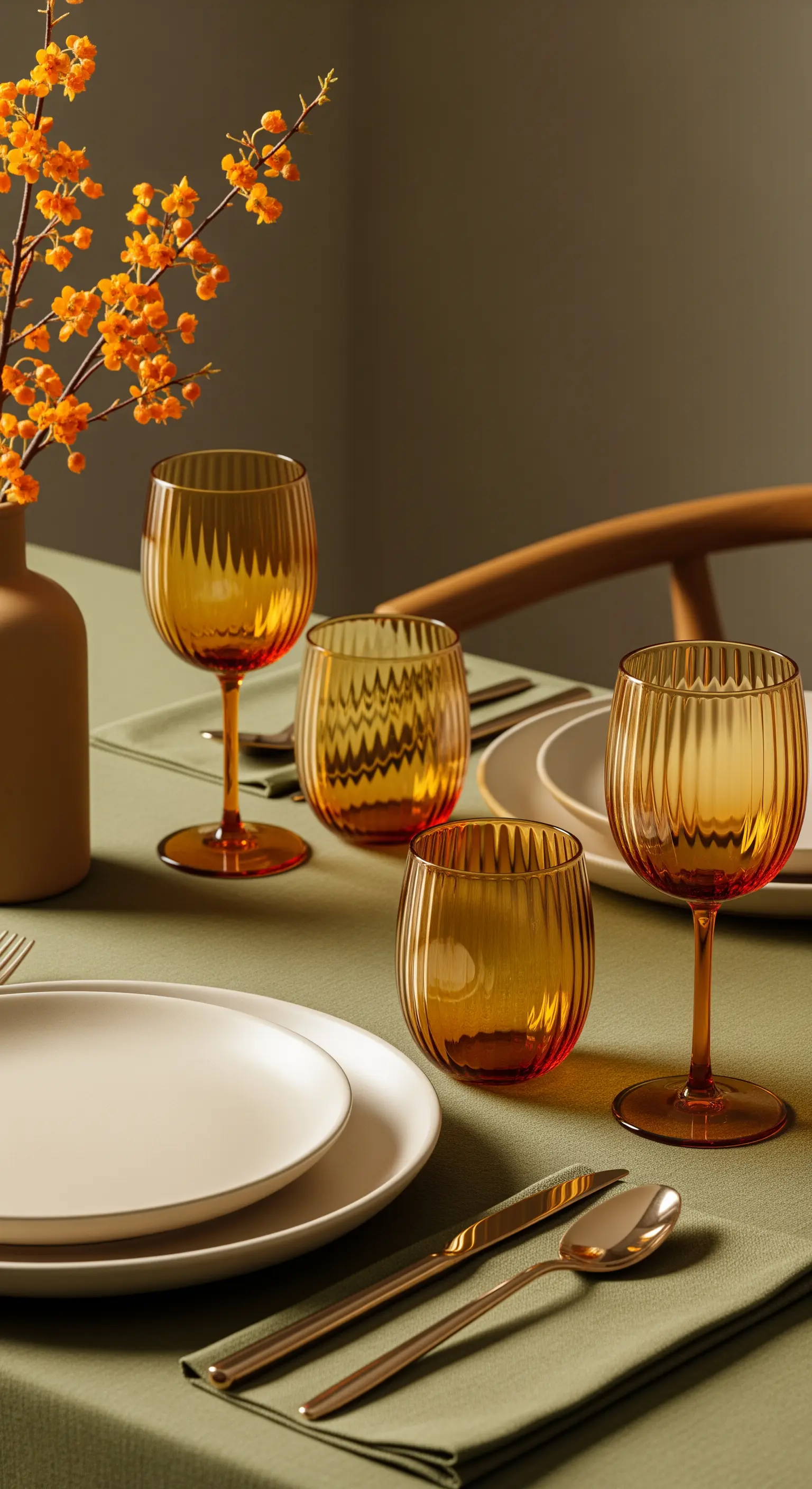 Tavola in stile Mid-Century con tovaglia verde salvia e bicchieri ambrati a coste verticali