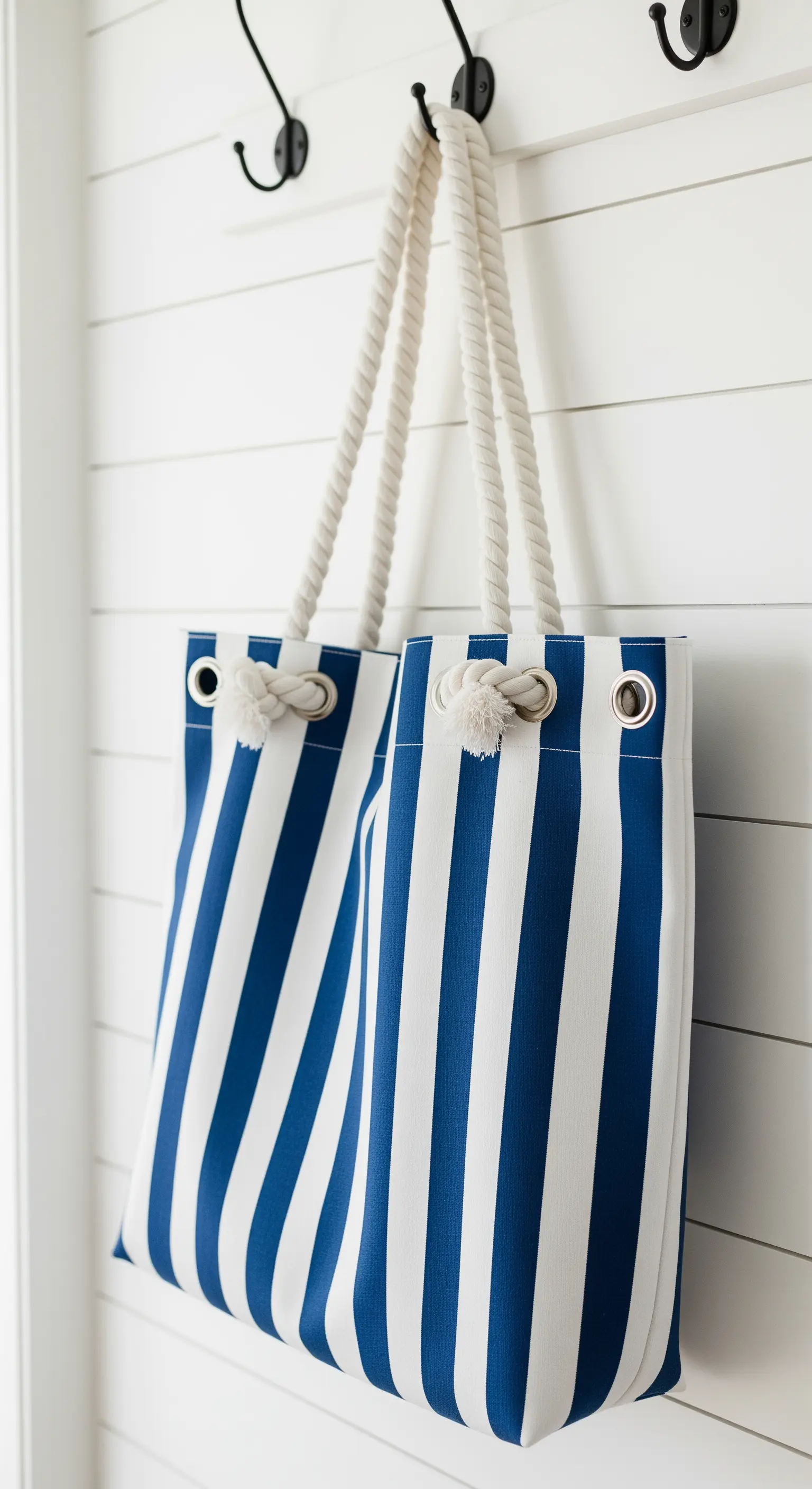 Borsa a righe marinare bianche e blu con manici in corda passati in occhielli metallici.