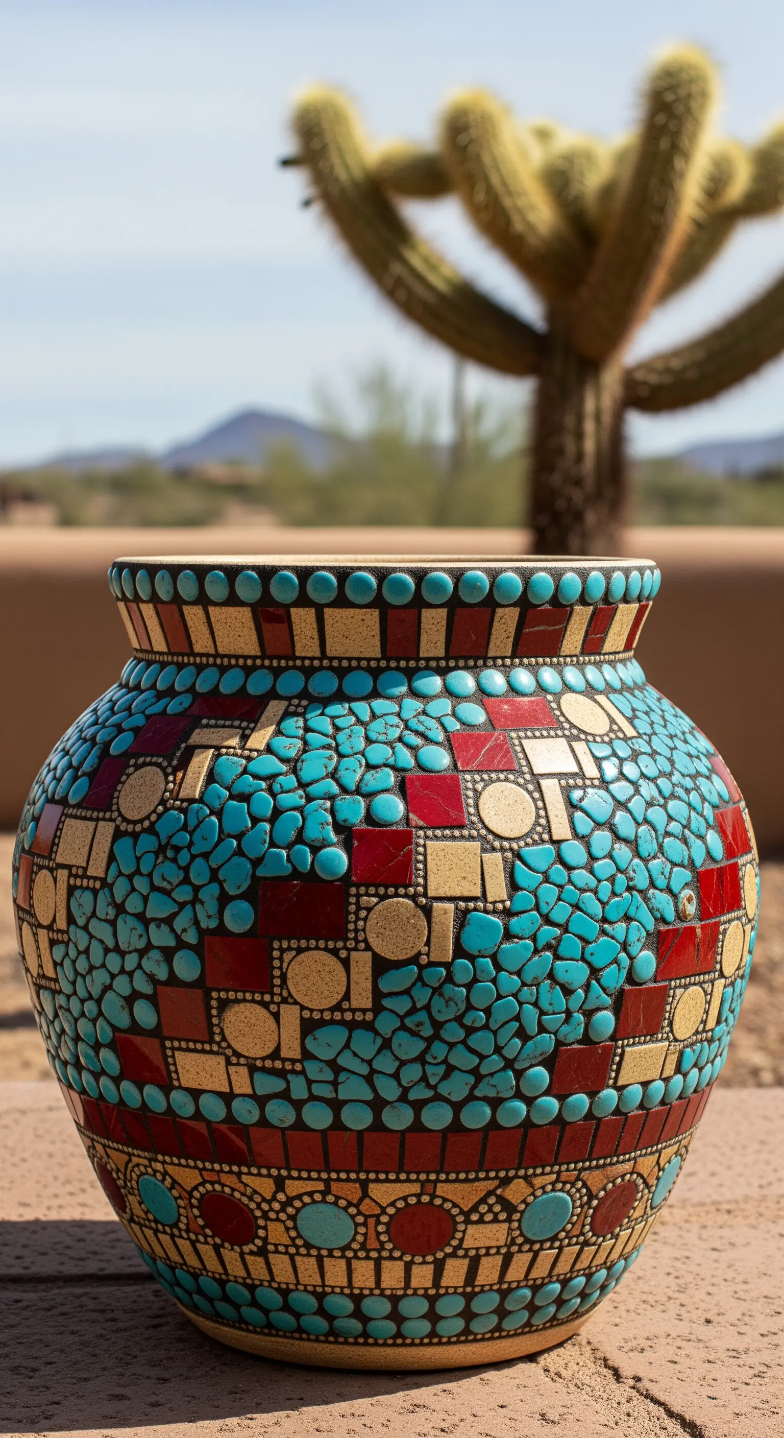 Vaso di terracotta con un complesso mosaico di perline turchesi e tessere rosse e dorate.