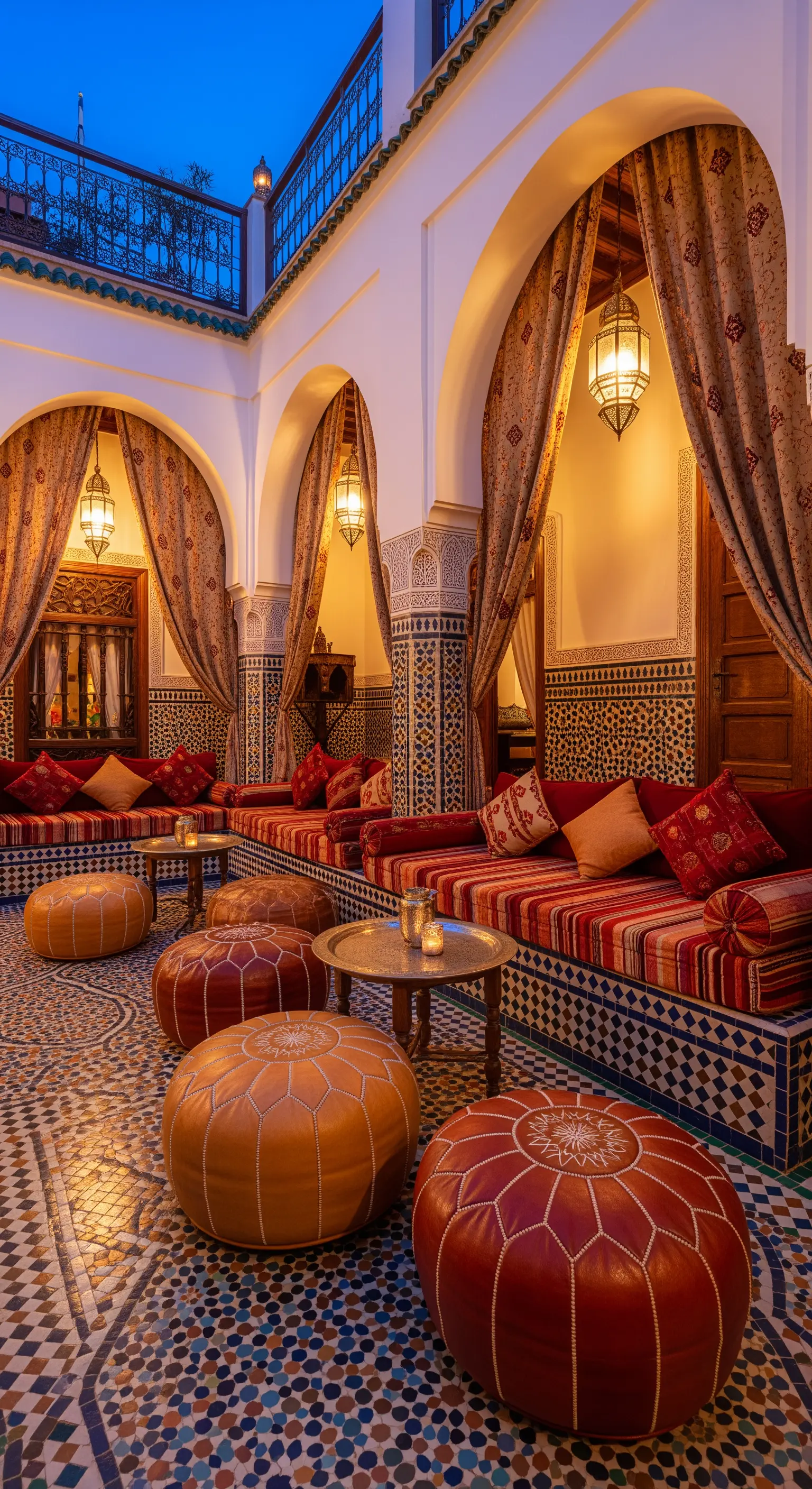 Patio marocchino con mosaici, panche con cuscini rossi, pouf in pelle e lanterne.