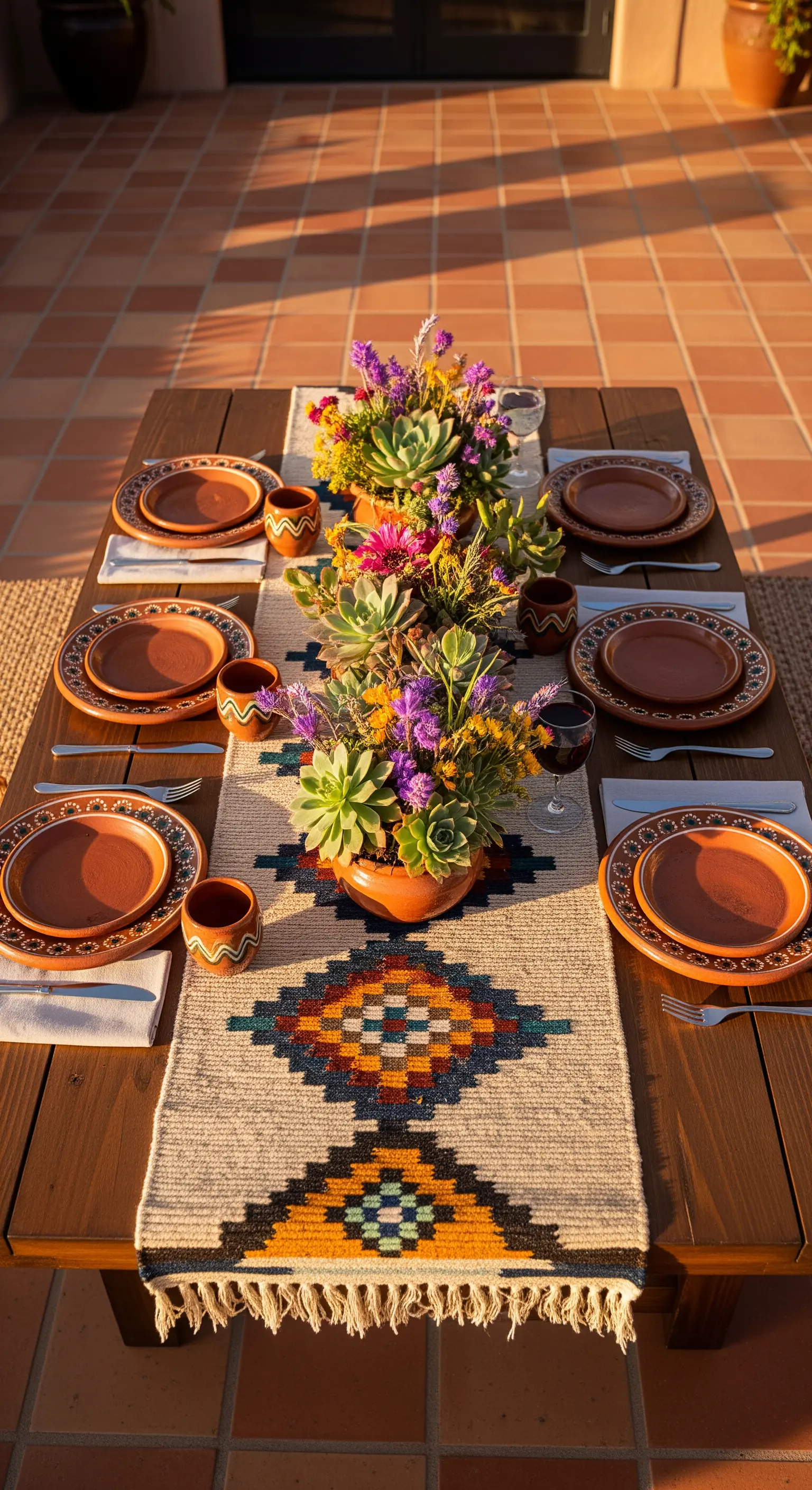 Tavola in stile southwestern con runner a motivi geometrici e centrotavola di piante grasse