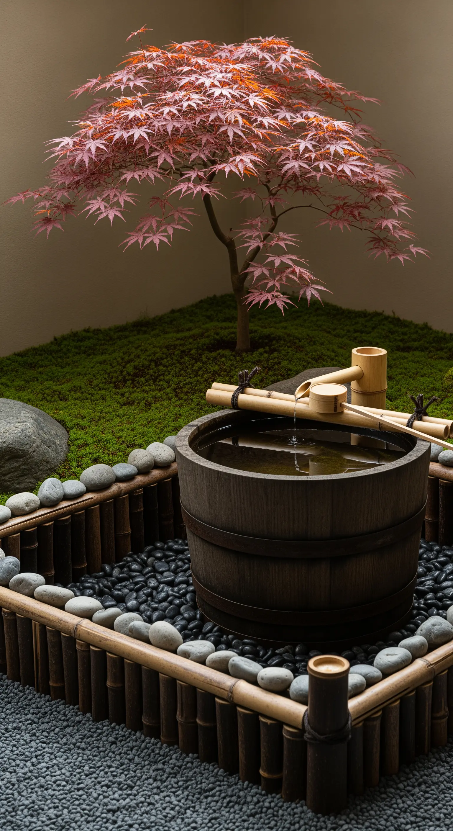 Giardino zen con una fontana d'acqua in una botte, bambù, pietre nere e un acero giapponese