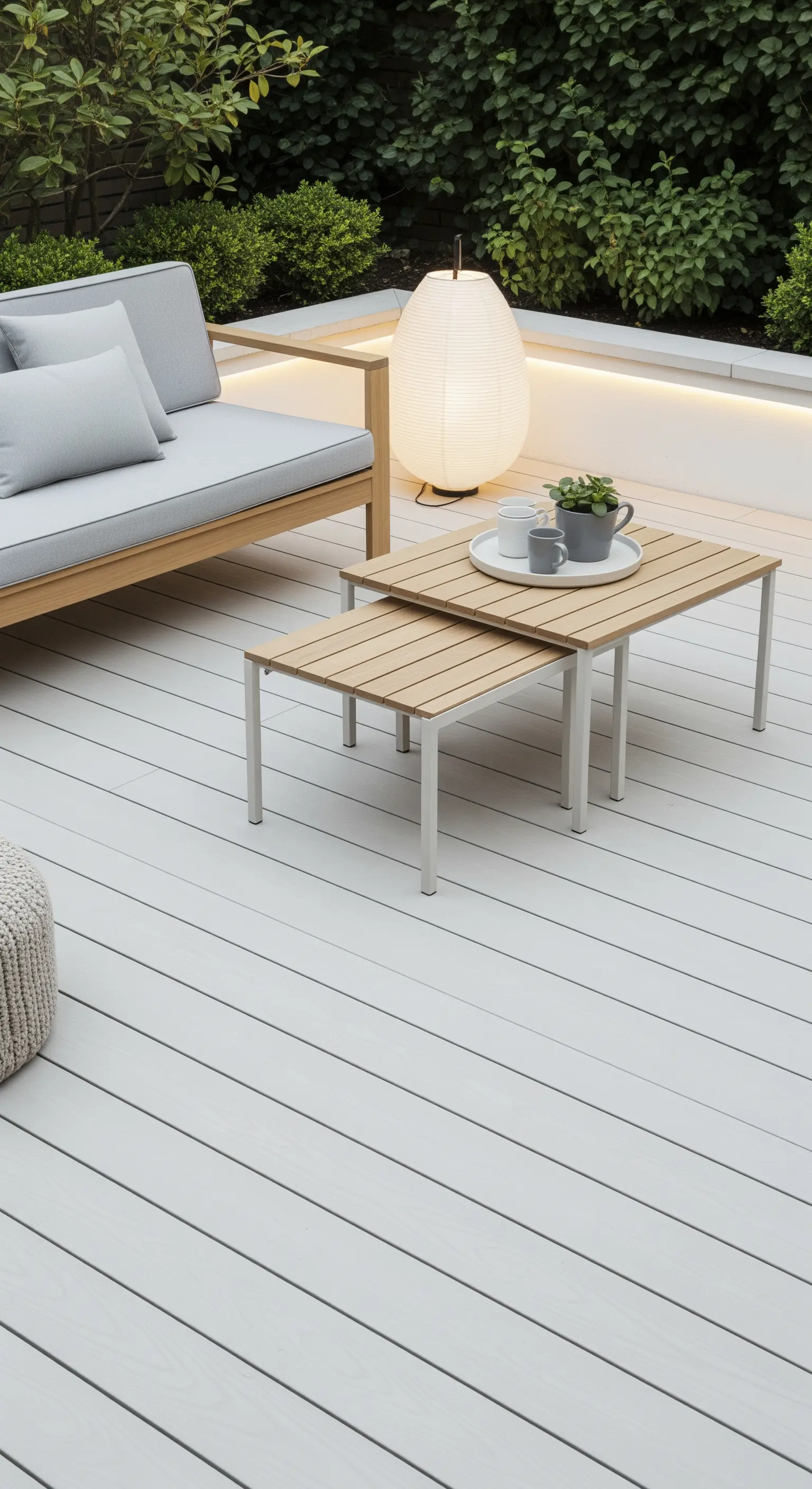 Patio minimalista con divano in legno, pavimento grigio e una lanterna giapponese.