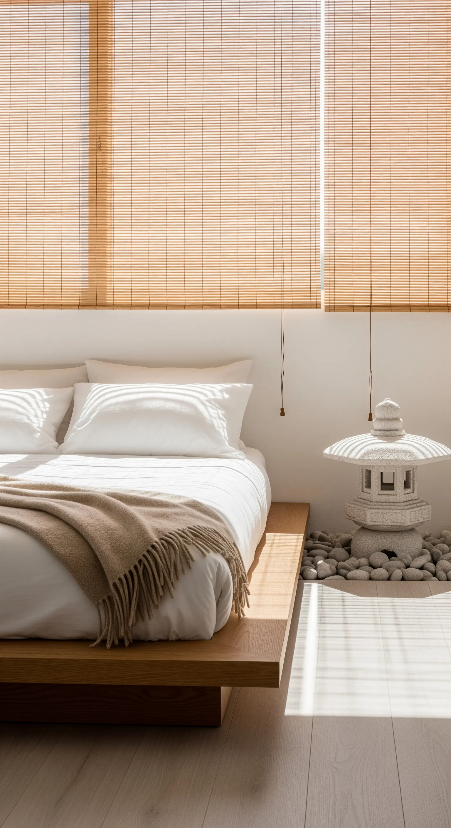 Camera da letto minimalista con letto basso in legno e lanterna giapponese in pietra.