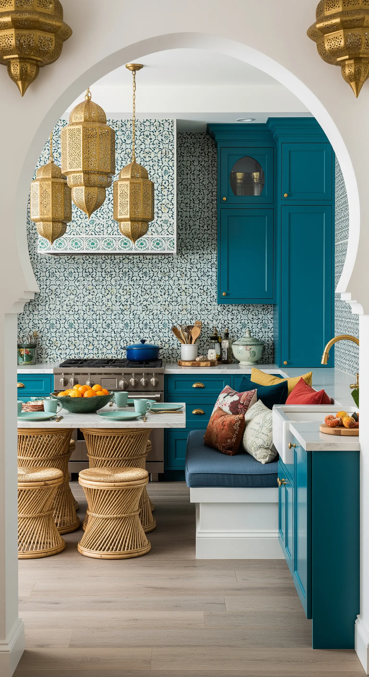 Cucina in stile marocchino con mobili blu-verde, piastrelle decorate e lanterne metalliche.