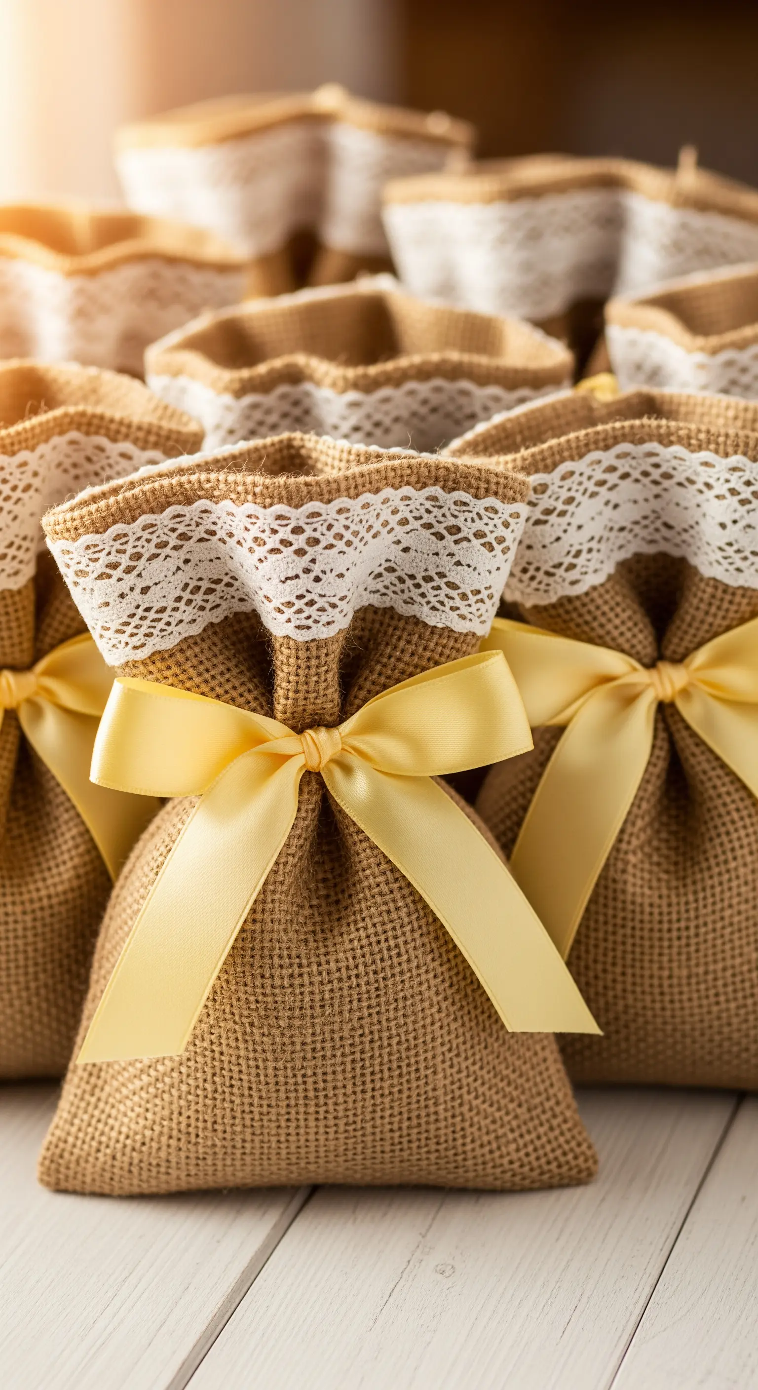 Sacchetti di iuta con bordo in pizzo e fiocco di raso giallo.