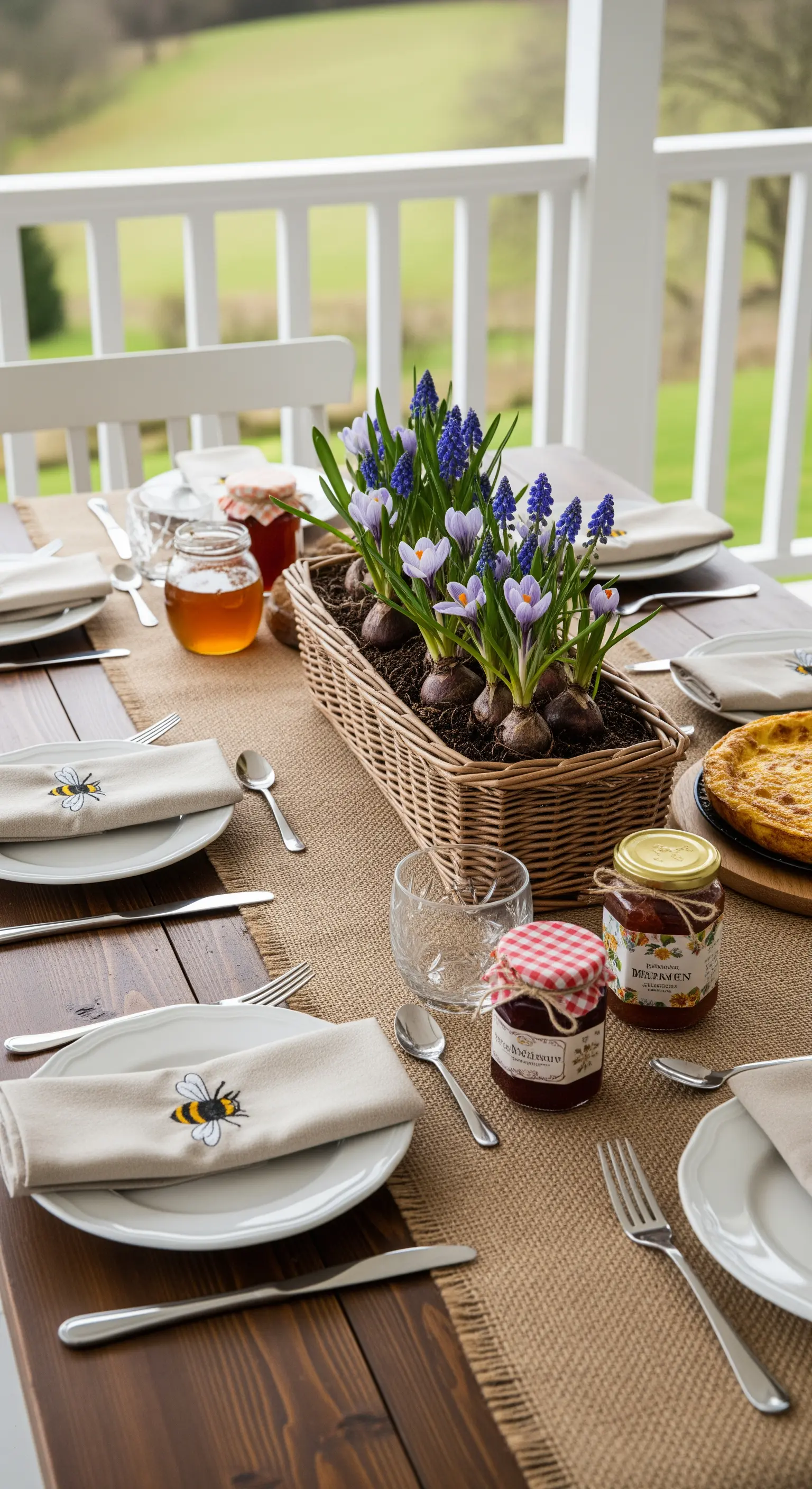 Tavola in veranda con runner di juta, tovaglioli con api e bulbi in fiore.