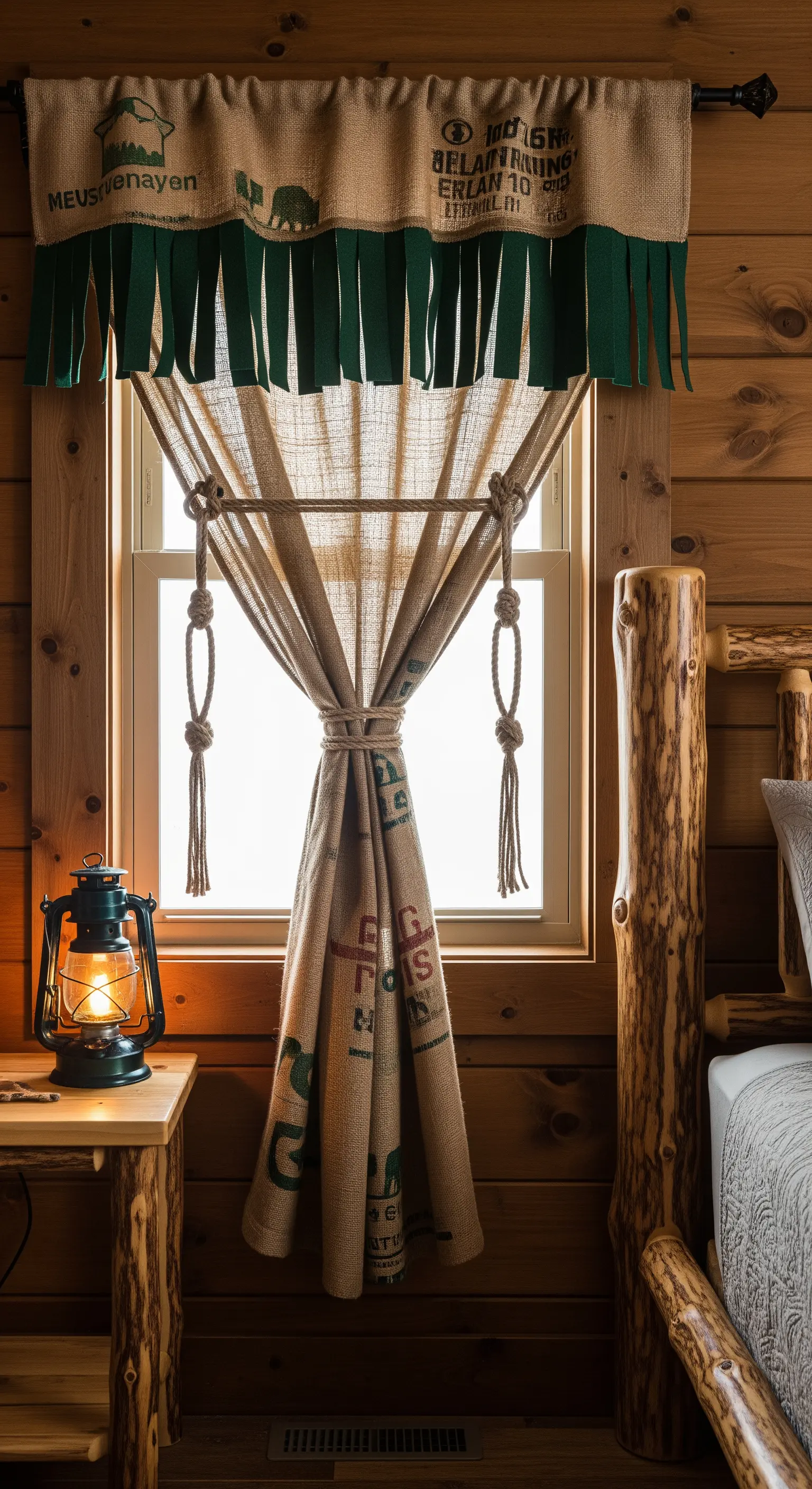 Tenda rustica realizzata con sacchi di juta, con una mantovana e frange in feltro verde.