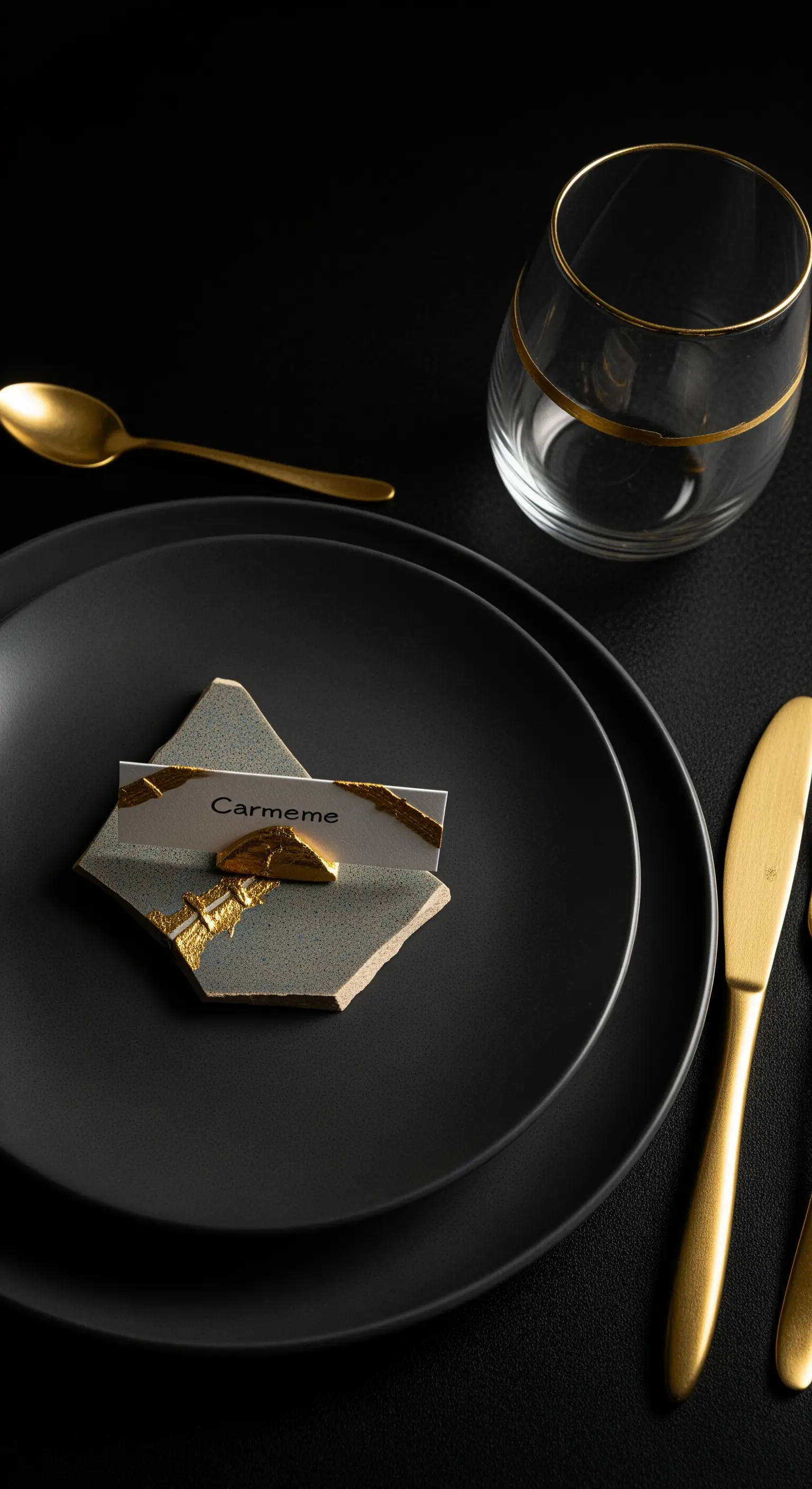 Tavola moderna nera con segnaposto in ceramica rotto e riparato con oro, stile Kintsugi