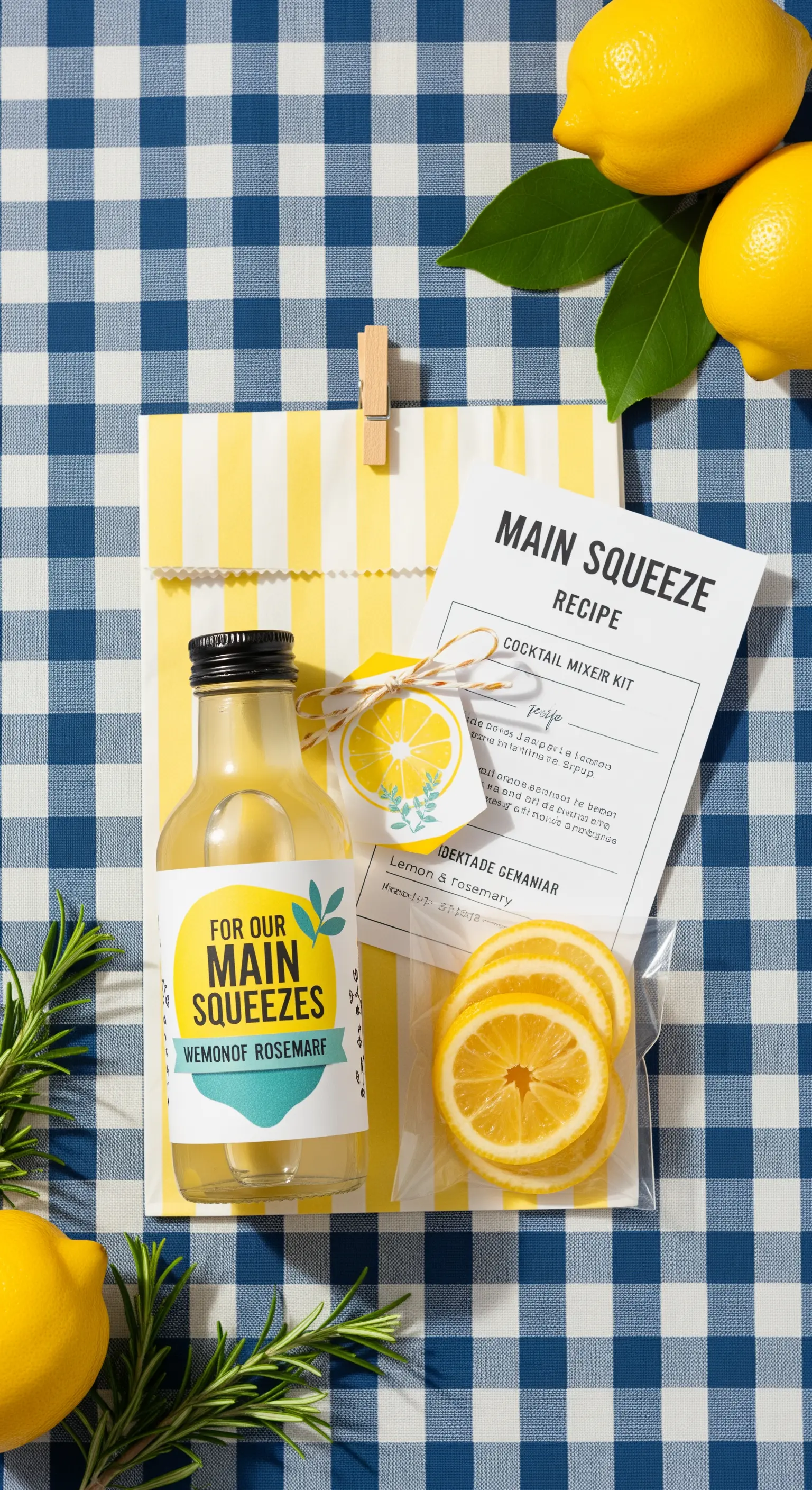 Kit per cocktail fai-da-te a base di limone con sciroppo, guarnizioni e ricetta.