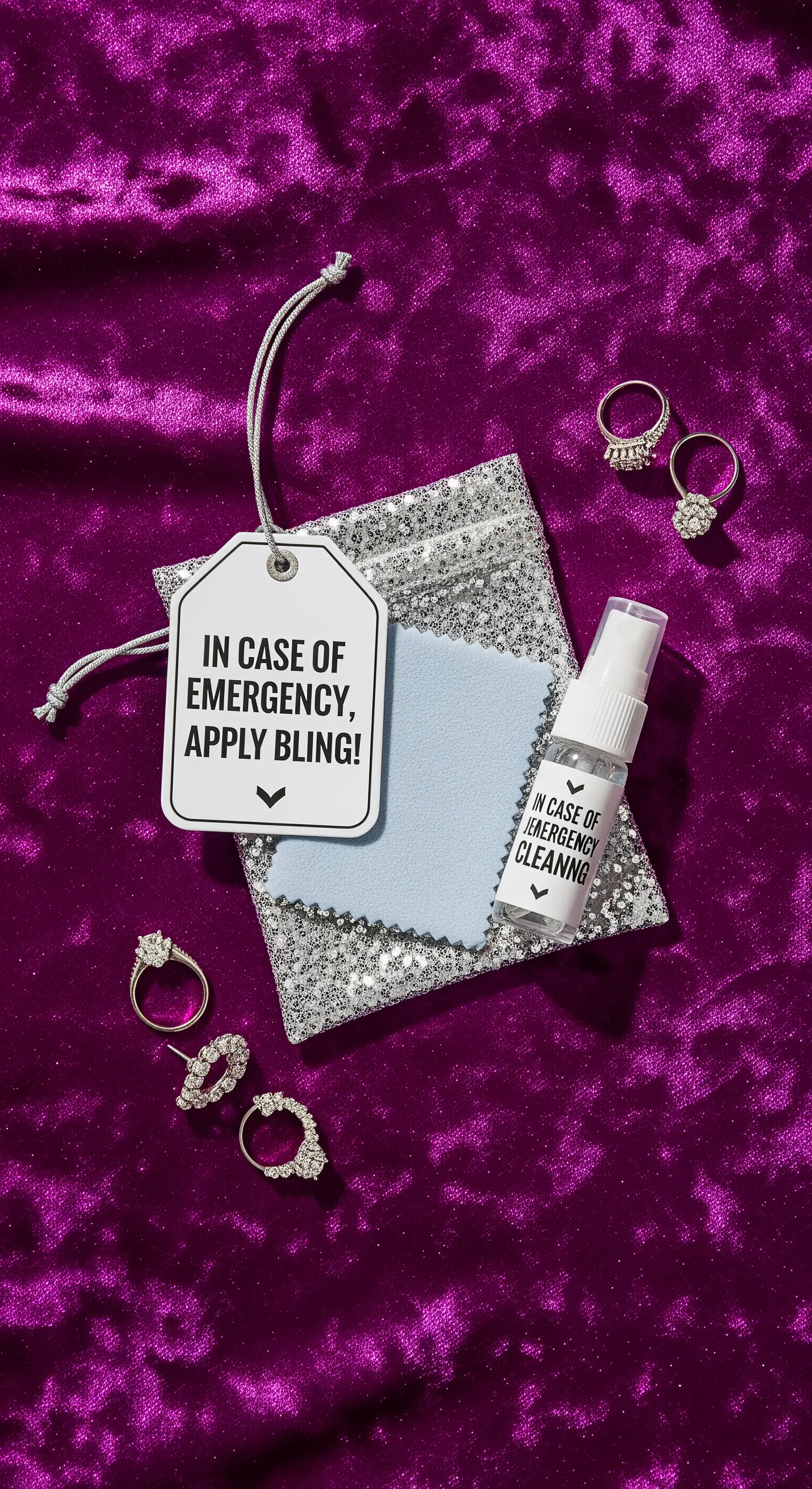 Kit per la pulizia dei gioielli con spray e panno, etichettato in modo divertente.