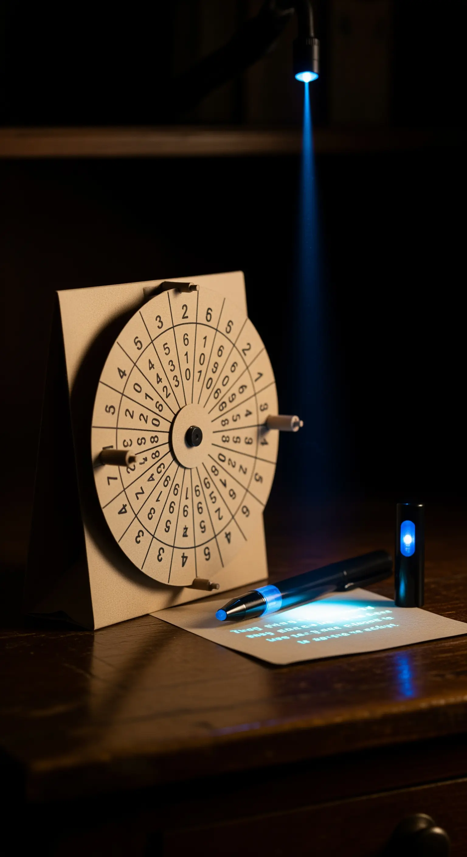 Kit da spia con penna a inchiostro invisibile e ruota per codici segreti.