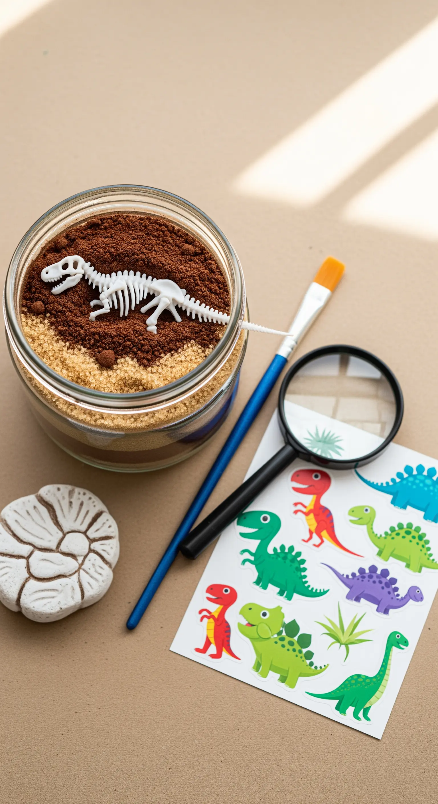 Kit scavo dinosauro fai-da-te con sabbia, scheletro e lente d'ingrandimento.