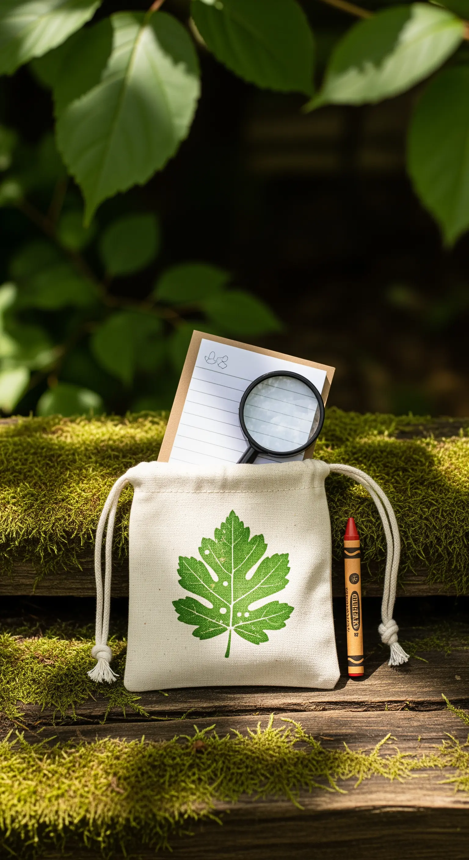 Sacchetto da esploratore con lente d'ingrandimento, blocco note e pastello a cera.