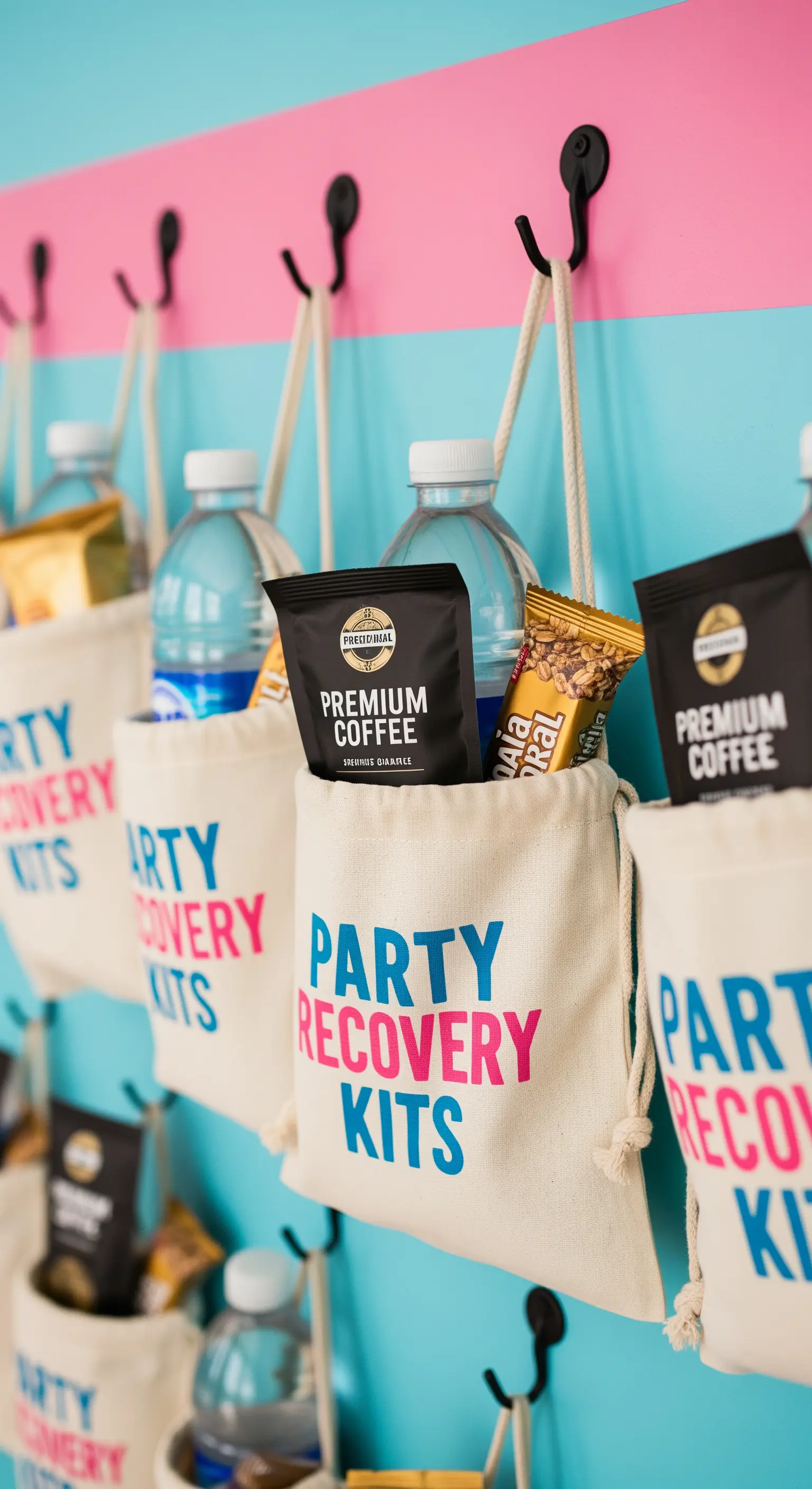 Sacchetti di tela 'Party Recovery Kits' appesi a ganci, pieni di snack e bevande
