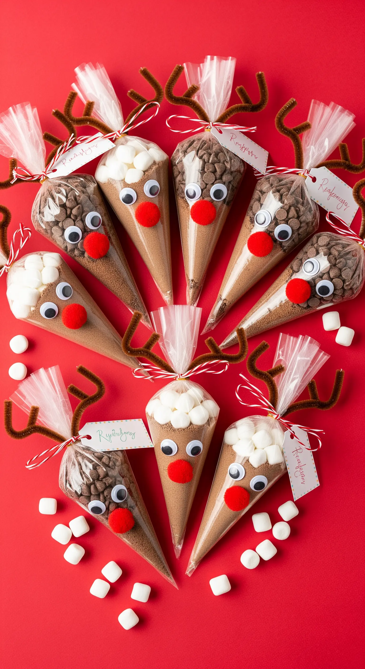 Coni per cioccolata calda decorati a forma di renna, disposti su uno sfondo rosso.
