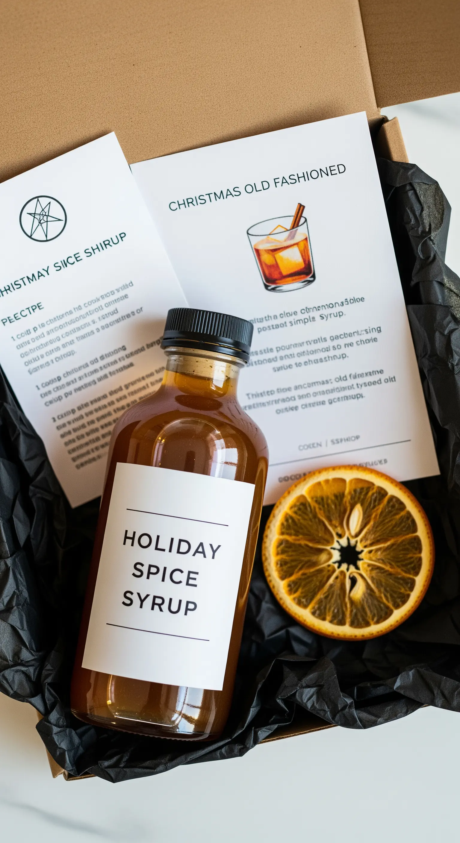 Kit per cocktail con una bottiglia di sciroppo speziato e una scheda con la ricetta.