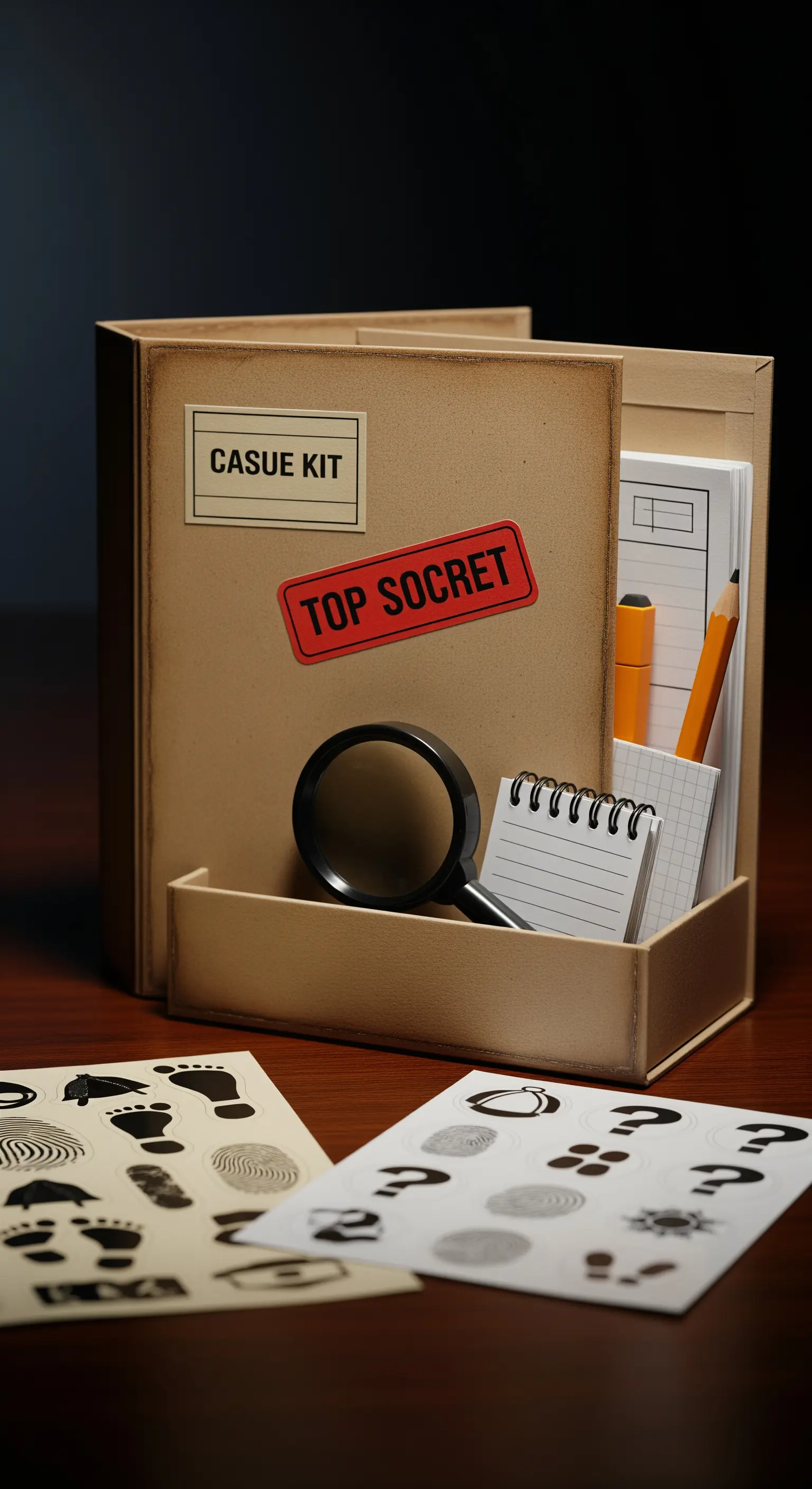 Kit da detective per bambini con cartellina 'Top Secret', lente d'ingrandimento e taccuino.