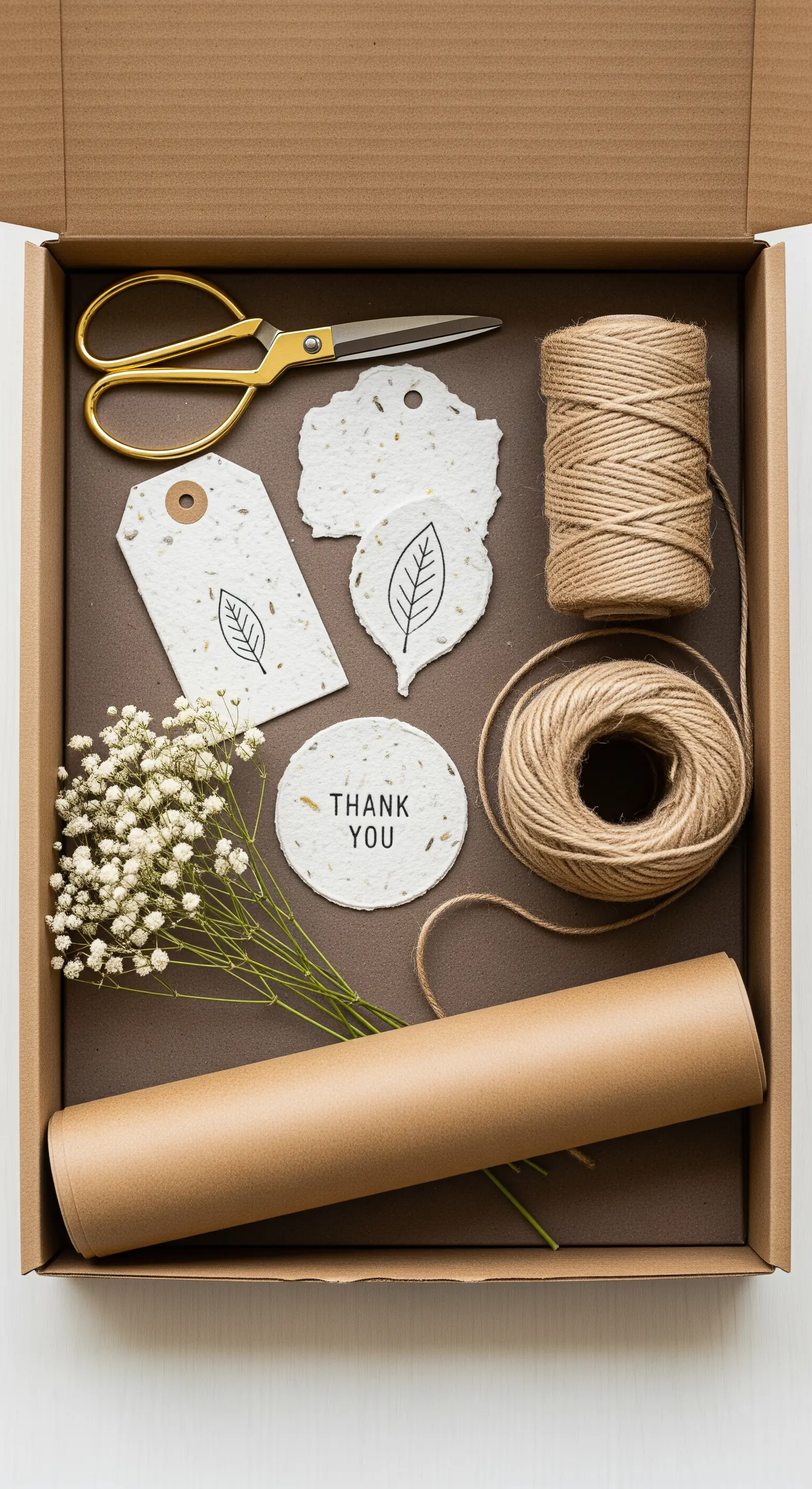 Un kit per pacchetti regalo in una scatola di cartone con carta kraft, spago, etichette e fiori secchi.